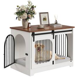 Acekool - 39.4" Dog Crate Furniture with Bed Mat, Wooden Medium Dog Kennel, 3 Doors, End Table Style Dog Cage, TV Stand, White