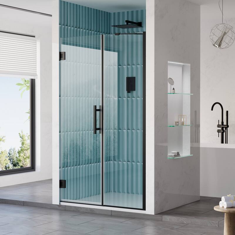 Angle. WELLFOR - 43–44 in. W x 72 in. H Frameless Hinged Shower Door with 3/8" Clear Tempered Glass, Reversible Opening - Matte Black.