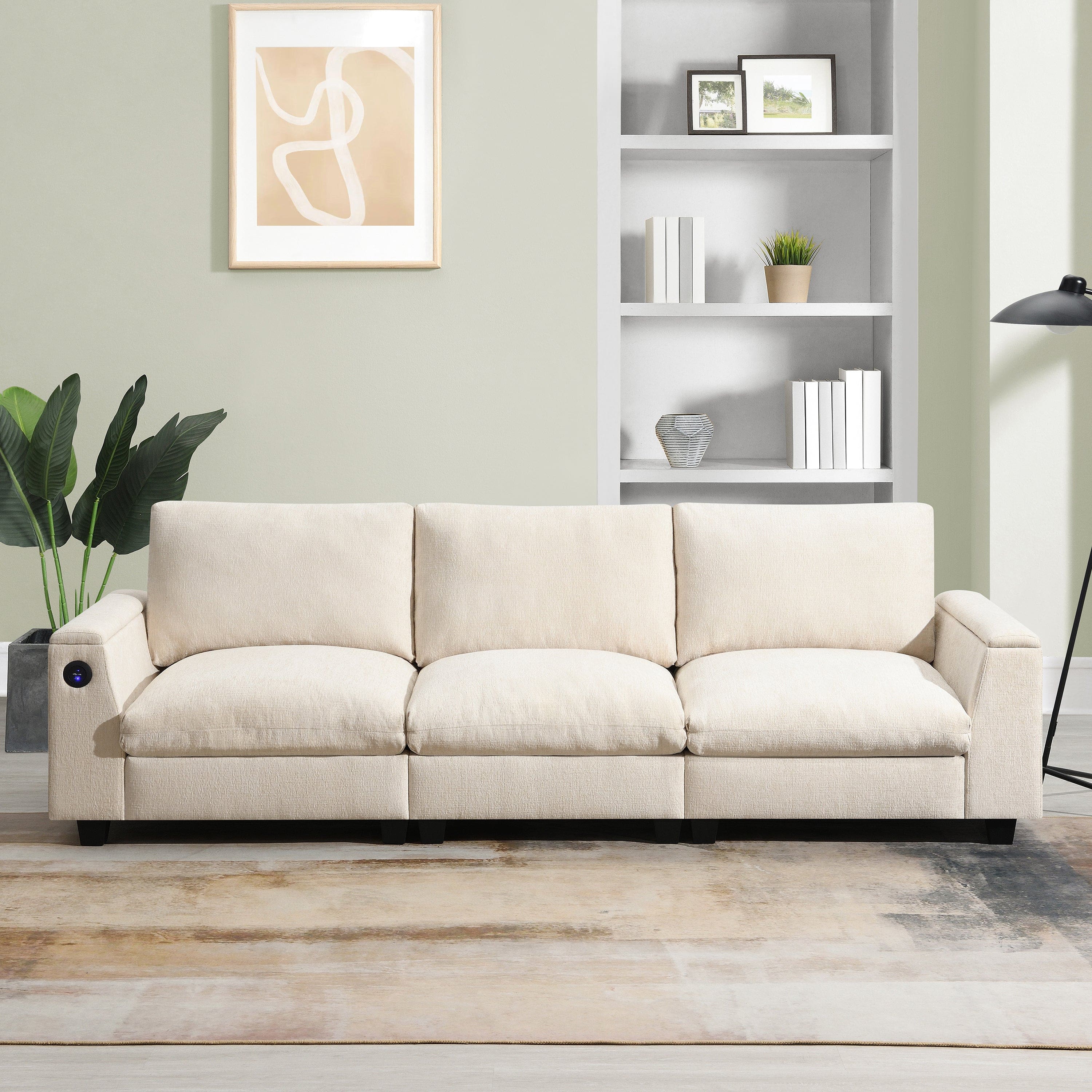 Boyel Living - 3 Seat Beige Chenille Sectional Sofa with Bluetooth Speaker USB Charger Drop Down Table - Beige
