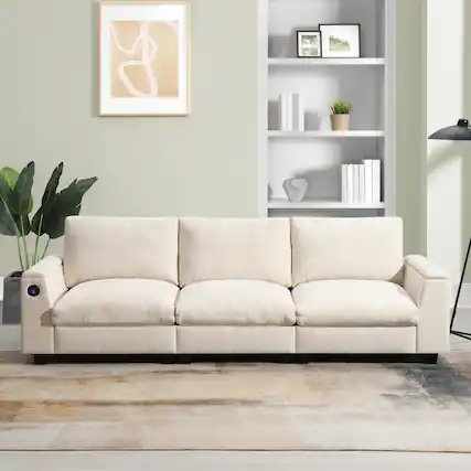Front. Boyel Living - 3 Seat Beige Chenille Sectional Sofa with Bluetooth Speaker USB Charger Drop Down Table - Beige.