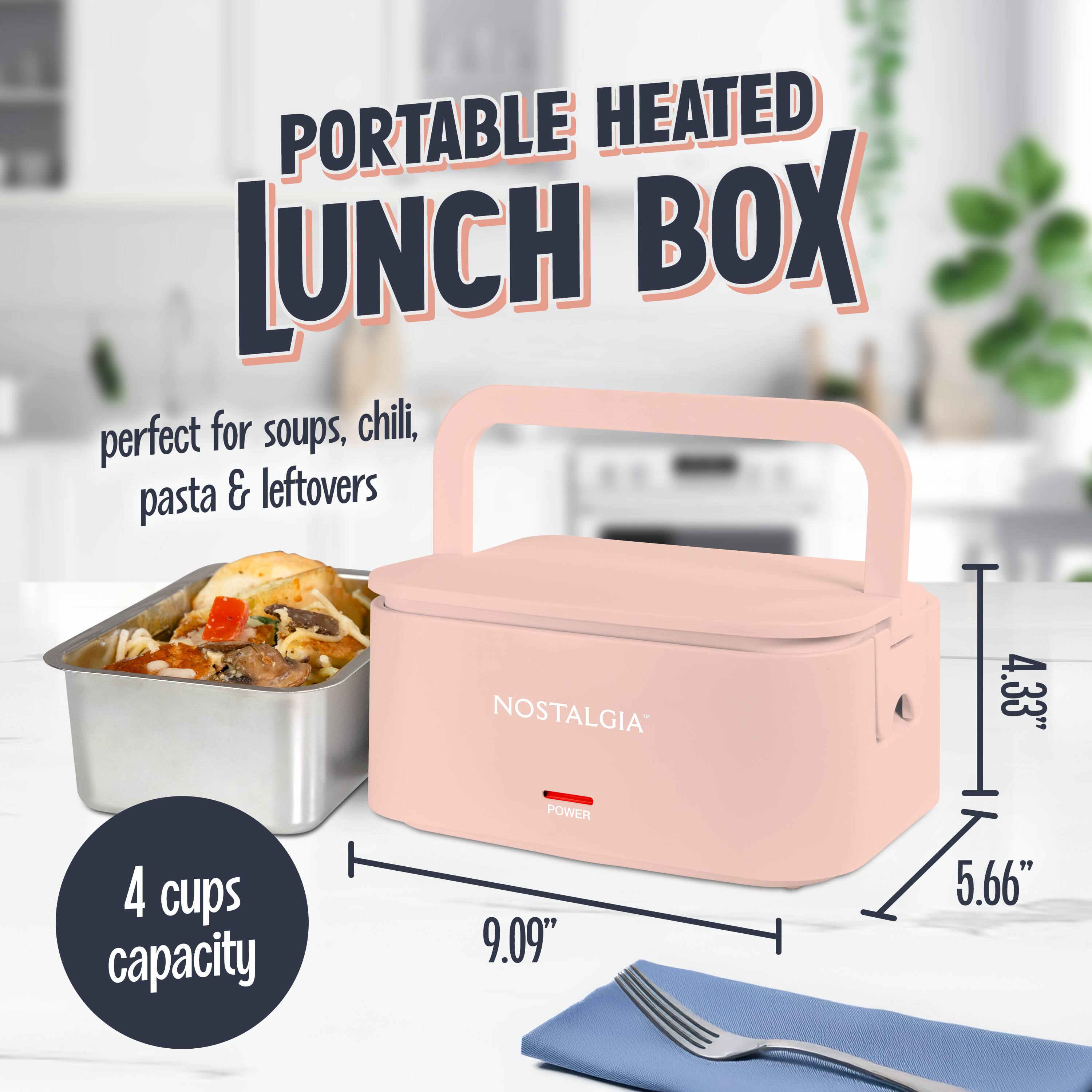 PORTABLE HEATED LUNCH BOX  
perfect for soups, chili, pasta & leftovers  
NOSTALGIA  
4 cups capacity  
4.33" x 9.09" x 5.66"