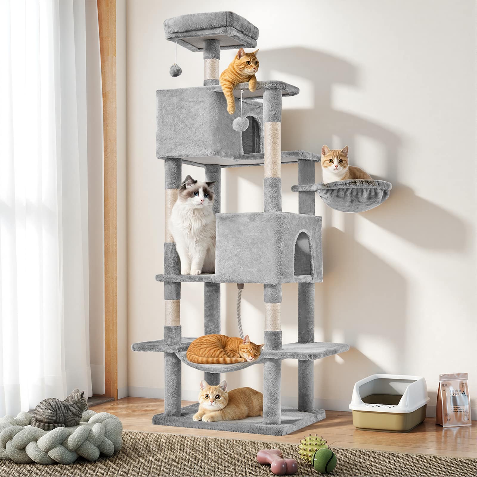 Front. Bestier - 66-in Cat Tree Tower, Large Multi-Cat Climbing, Extended Platform, Hammock, Pet House for Indoor Cats and Kittens Play - Light Grey.