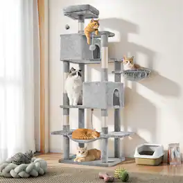 Bestier - 66-in Cat Tree Tower, Large Multi-Cat Climbing, Extended Platform, Hammock, Pet House for Indoor Cats and Kittens Play - Light Gray