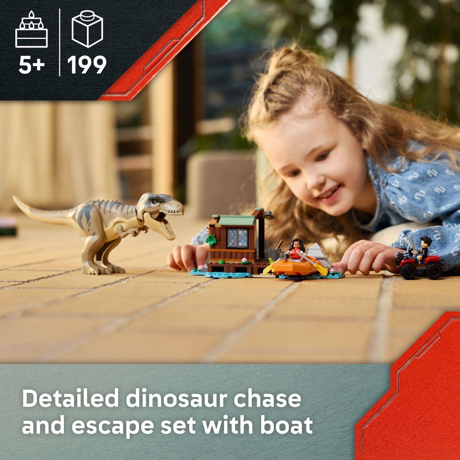 The text on the image reads: "5+ 199 S g 5 e $ 2 2 a 2 2 2 e Detailed dinosaur chase and escape set with boat."
