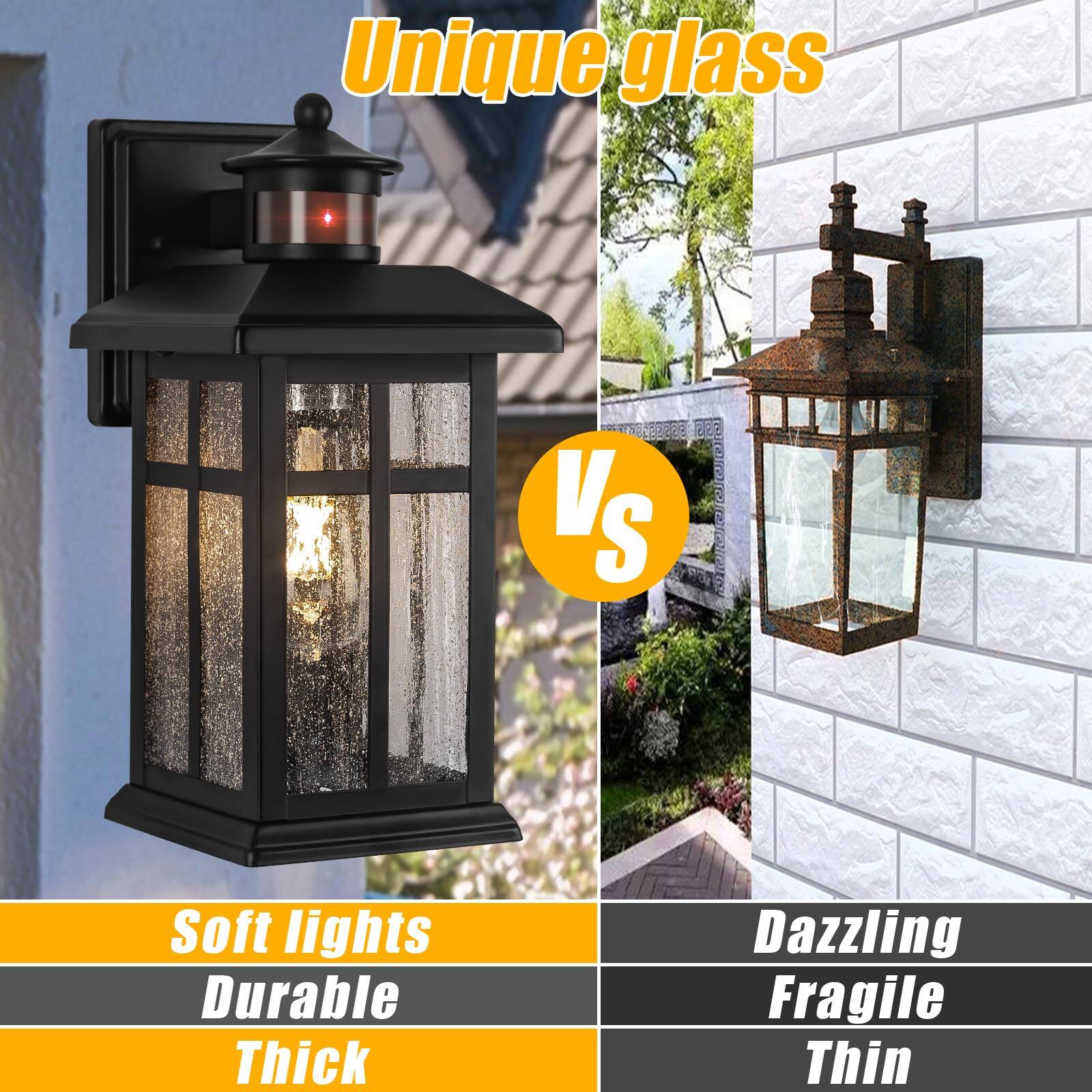 Unique glass  
VS  
Soft lights  
Durable  
Thick  

Dazzling  
Fragile  
Thin