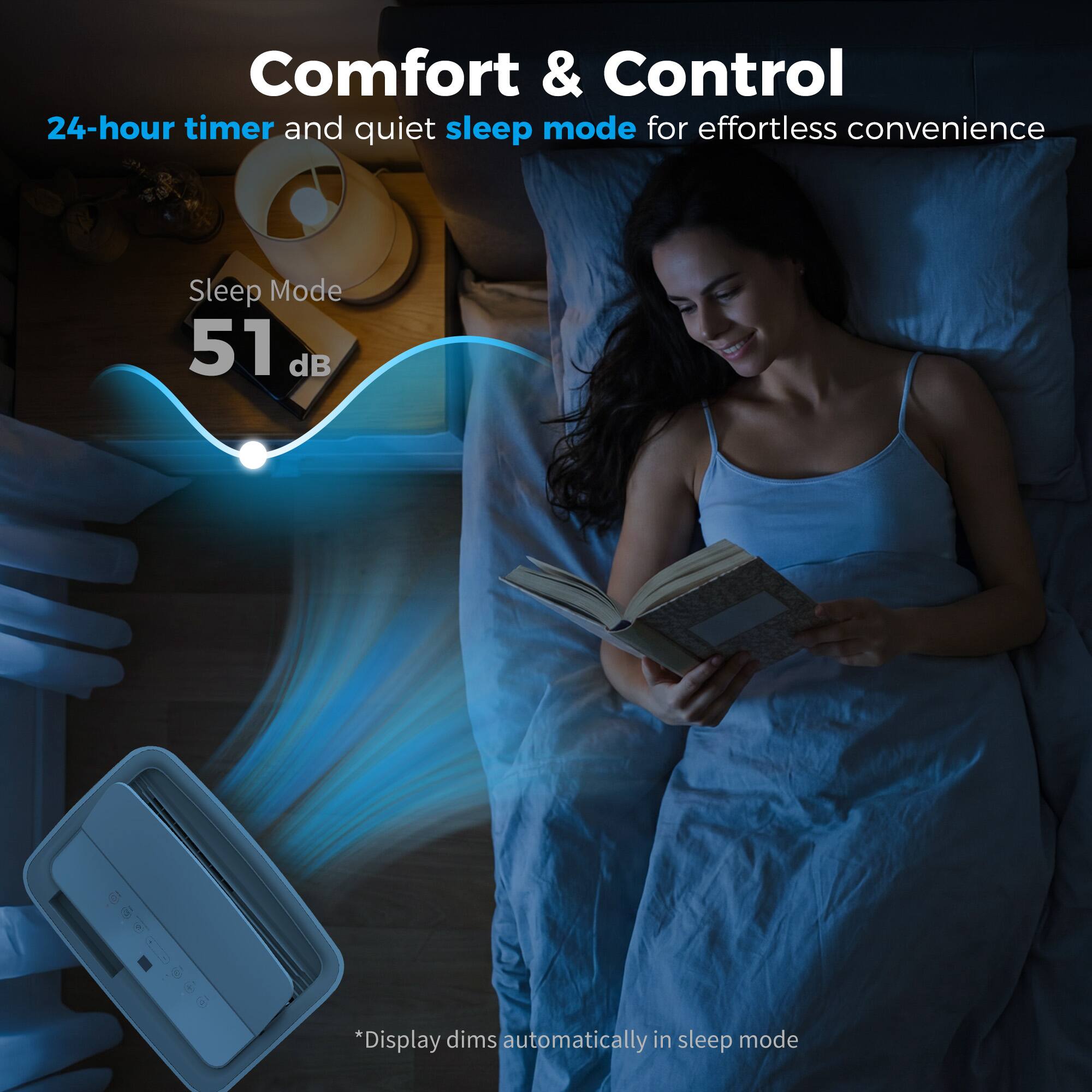 Comfort & Control  
24-hour timer and quiet sleep mode for effortless convenience  
Sleep Mode 51 dB  
*Display dims automatically in sleep mode