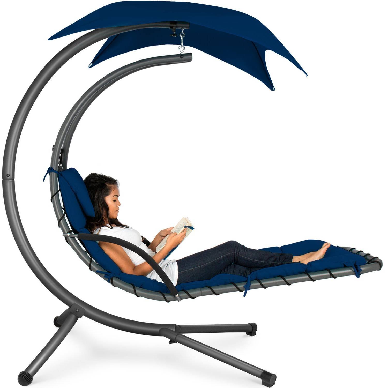 Angle. Hivvago - Navy Blue Single Person Sturdy Modern Chaise Lounger Hammock Chair Porch Swing - Blue.