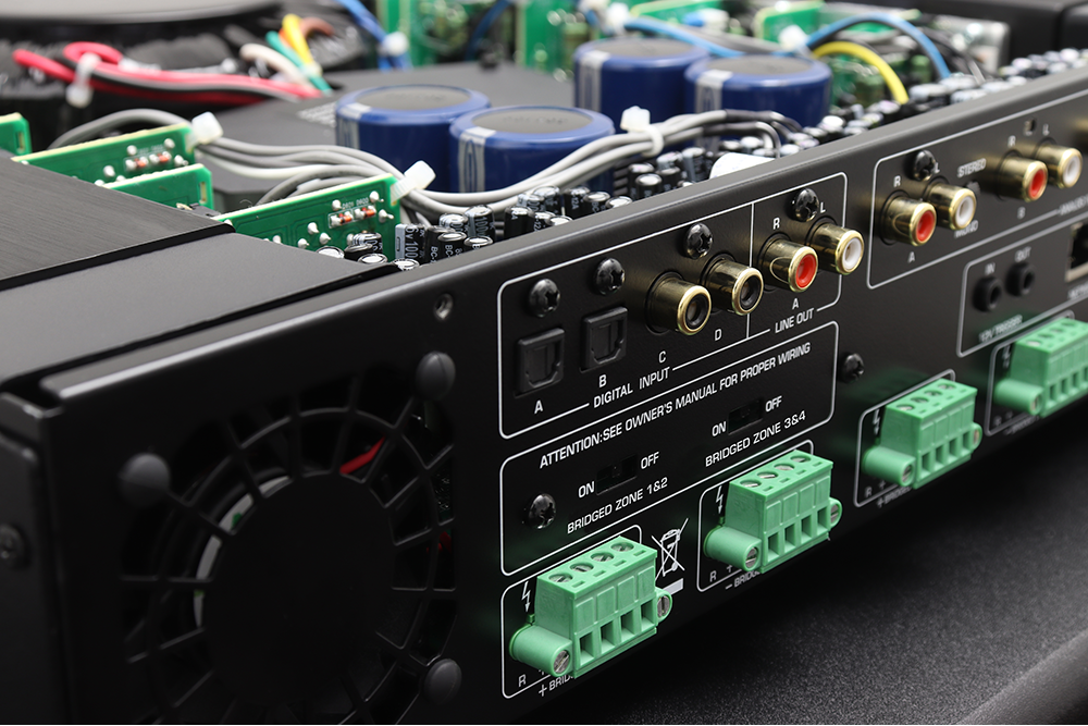 The text on the image reads: "STERED BC- BC R L A ar A LINE OUT D  WIRING  INPUT FOR PROPER A DIGITAL MANUAL OFF OWNER'S ON 364 ZONE ATTENTION:SEE OFF BRIDGED ON 182 ZONE BRIDGED O R BRCA R BRIL +". The corrected text is: "STERED BC- BC R L A ar A LINE OUT D  WIRING  INPUT FOR PROPER A DIGITAL MANUAL OFF OWNER'S ON 364 ZONE ATTENTION: SEE OFF BRIDGED ON 182 ZONE BRIDGED O R BRCA R BRIL +".