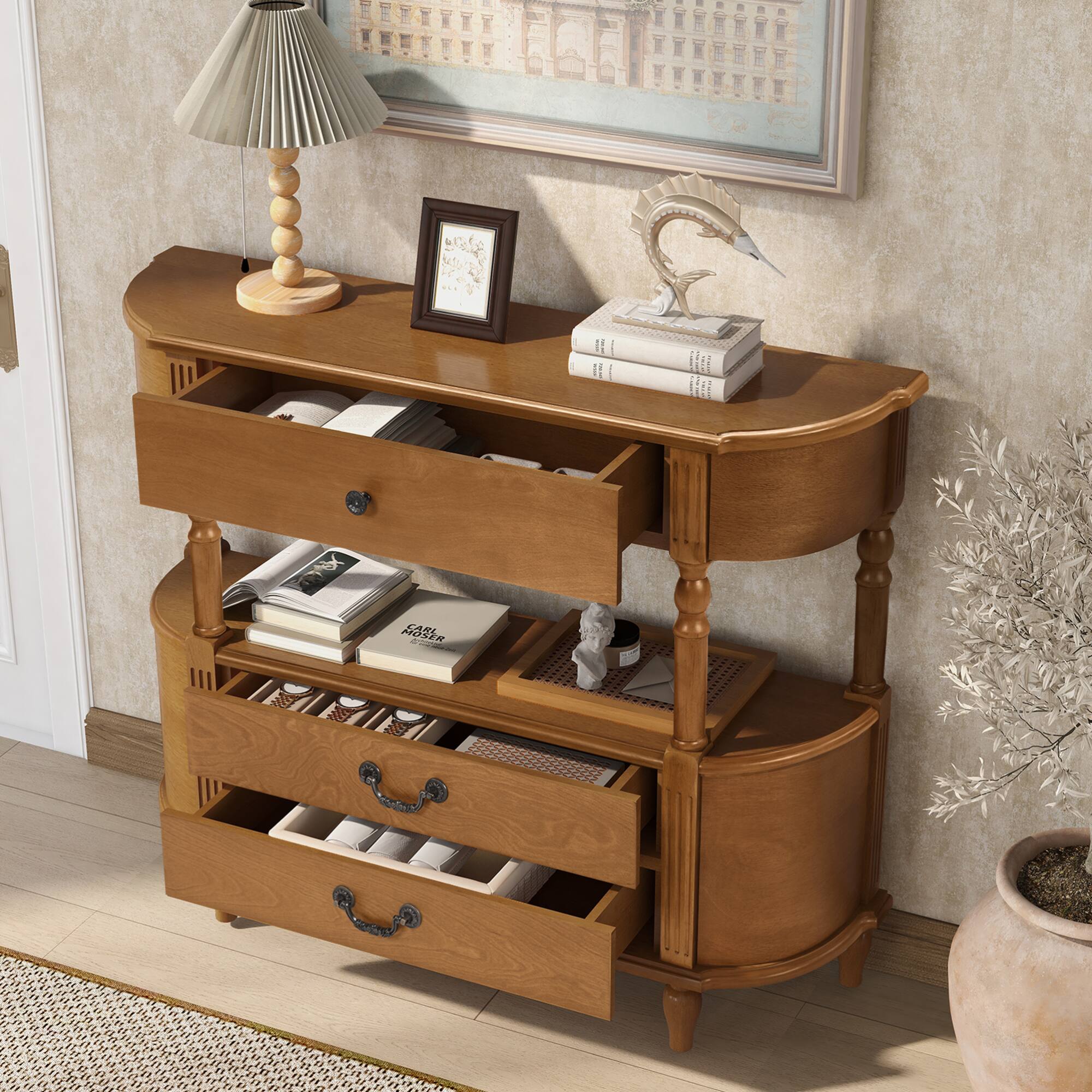 Angle. GOODSILO - Retro Curved Wood Console Table with Drawers and Storage Shelf for Living Room and Hallway Entryway - Brown.