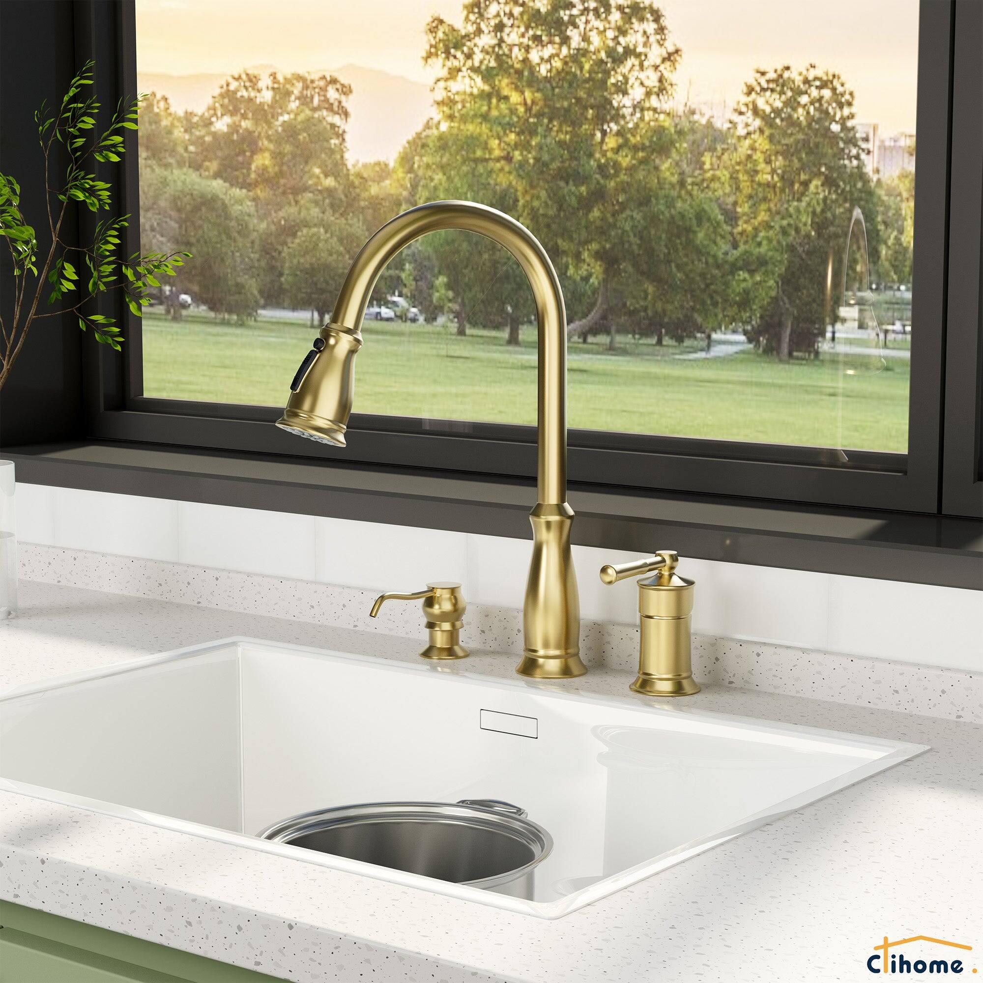 Alt View 3. Boyel Living - 3-Spray Patterns Single Handle 1.8 GPM Pull Down Sprayer Kitchen Faucet with Soap Dispenser in Brushed Gold - Brushed Gold.