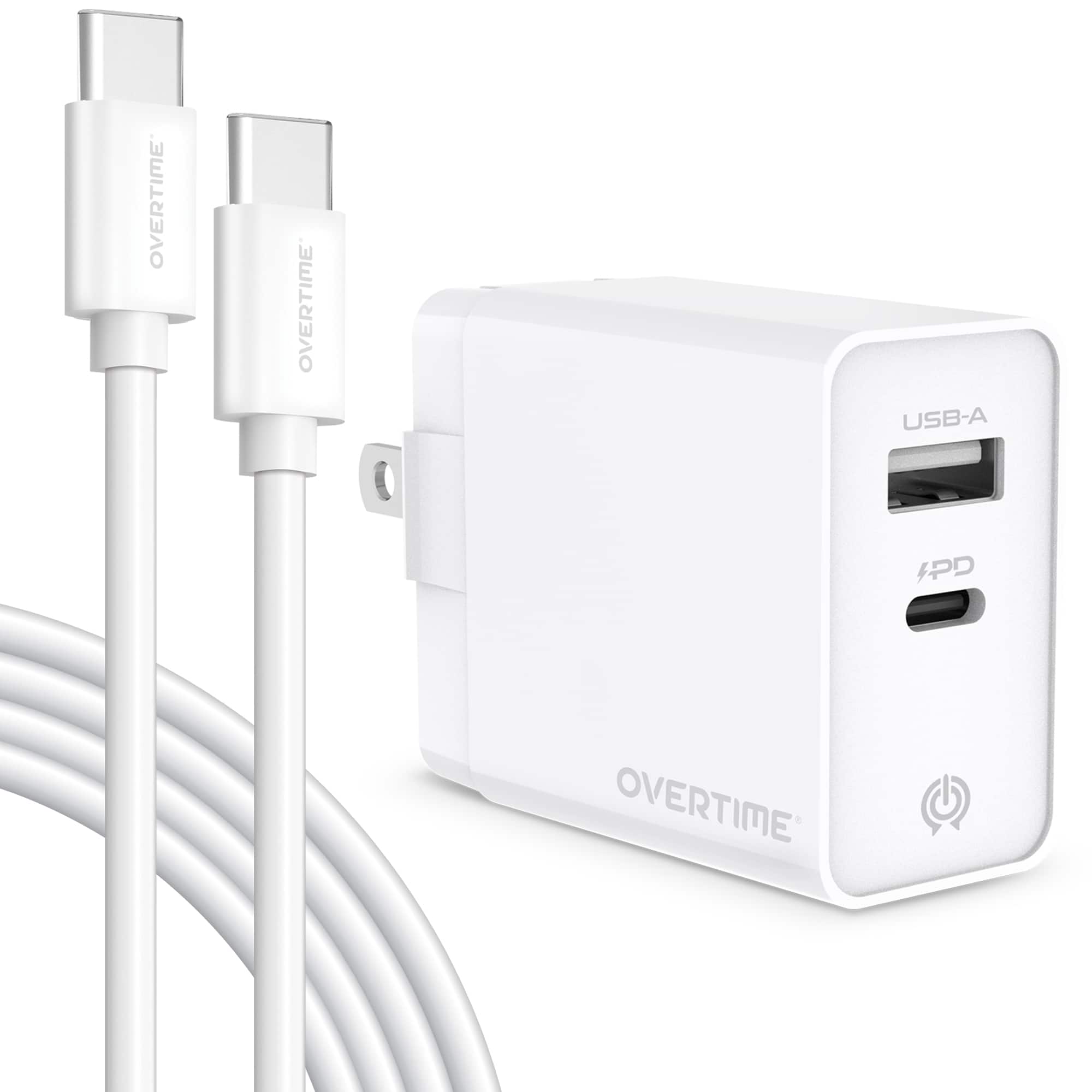 Overtime - 38W USB-C Wall Charger with 6ft USB-C to USB-C Fast Charging Cable for iPhone and Android Devices, White - White