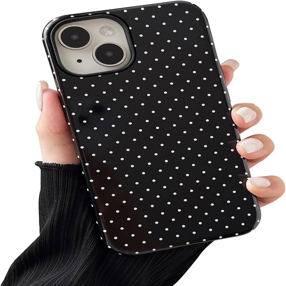 ACJPR - iPhone 14/15 Plus Case, Polka Dot Design, Shockproof TPU/Hard Back, Black - Color: Black Size: iPhone 14/15 Plus 6.7"