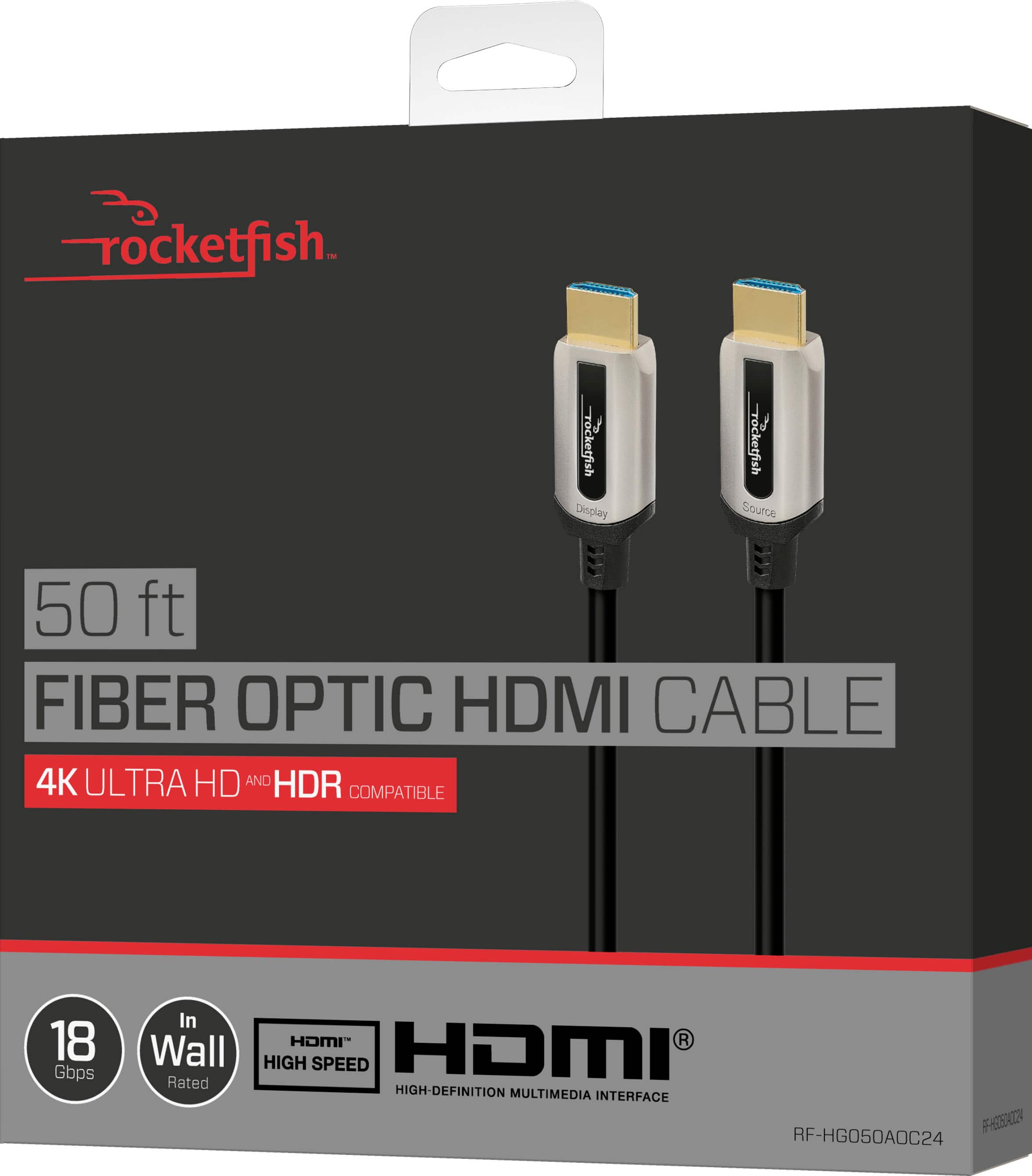 rocketfish 50 ft FIBER OPTIC HDMI CABLE 4K ULTRA HD AND HDR COMPATIBLE 18 Gbps In Wall Rated HOMI" R HIGH SPEED HDMI HIGH-DEFINITION MULTIMEDIA INTERFACE E702 RF-HG050AOC24