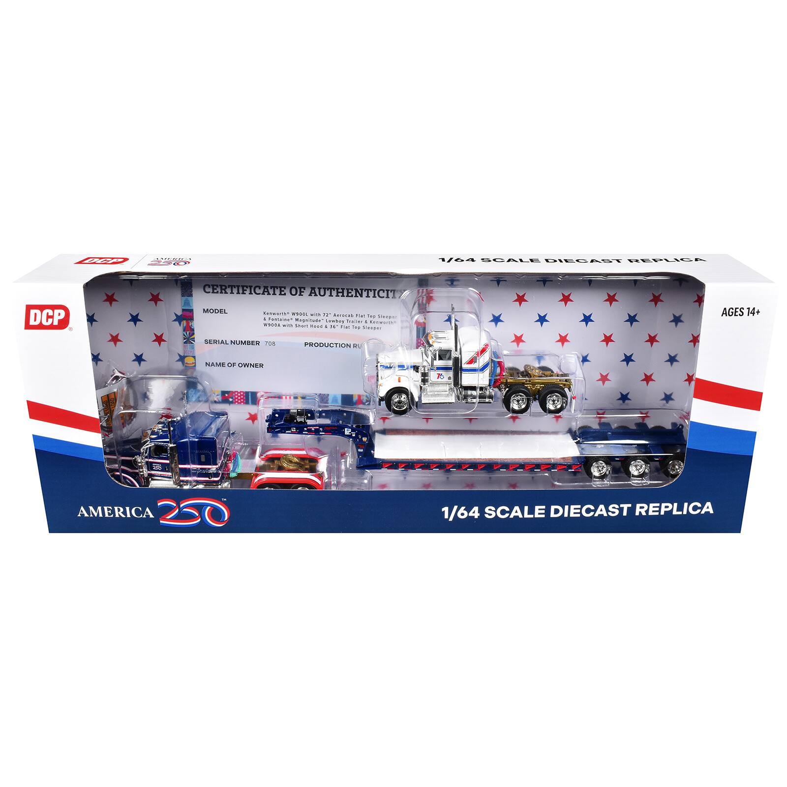 AMERICA DCP 250  
1/64 SCALE DIECAST REPLICA  
DCP  
CERTIFICATE OF AUTHENTICITY  
MODEL: Kerworth W900L 12 Aerocab He Pep : Fontaine* Sleep Magnitude Lowboy Trainer 4  
Knoworth W900A Short Food IN' Flat Trip Sleeper  
AGES 14+  
SERIAL NUMBER 708  
PRODUCTION RU  
NAME OF OWNER  
AMERICA  
1/64 SCALE DIECAST REPLICA