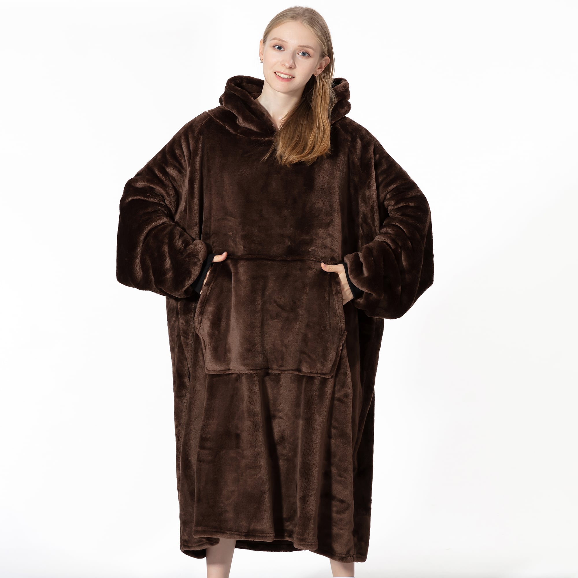 Front. Sweet Home Collection - Oversized Wearable Adult Blanket with Sleeves and Hood - Brown.