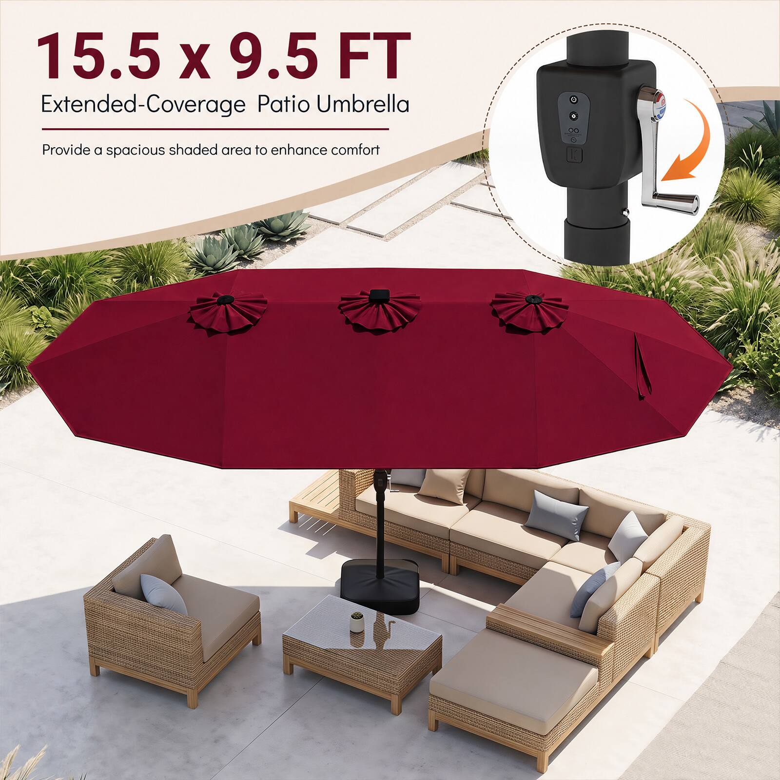 15.5 x 9.5 FT Extended-Coverage Patio Umbrella

Provide a spacious shaded area to enhance comfort
