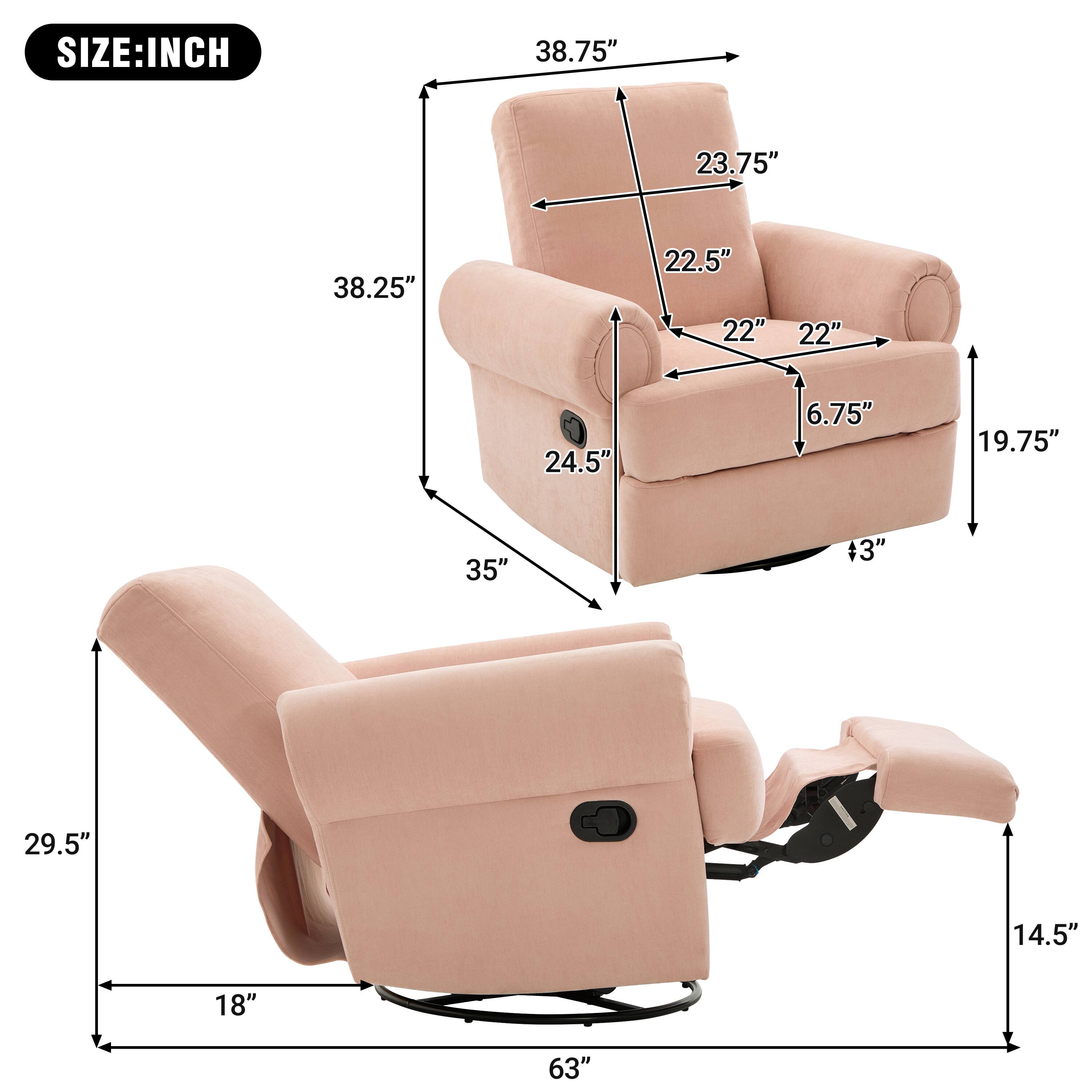 Sure, here is the corrected and grouped text from the image:

**SIZE: INCH**

- **Sofa:**
  - Width: 38.75"
  - Depth: 23.75"
  - Height: 38.25"
  - Seat Height: 19.75"
  - Seat Depth: 22"
  - Arm Height: 22.5"
  - Arm Width: 22"
  - Back Height: 24.5"
  - Back Width: 6.75"
  - Overall Depth: 35"
  - Overall Height: 3"

- **Recliner:**
  - Width: 29.5"
  - Depth: 18"
  - Height: 14.5"
  - Overall Width: 63"