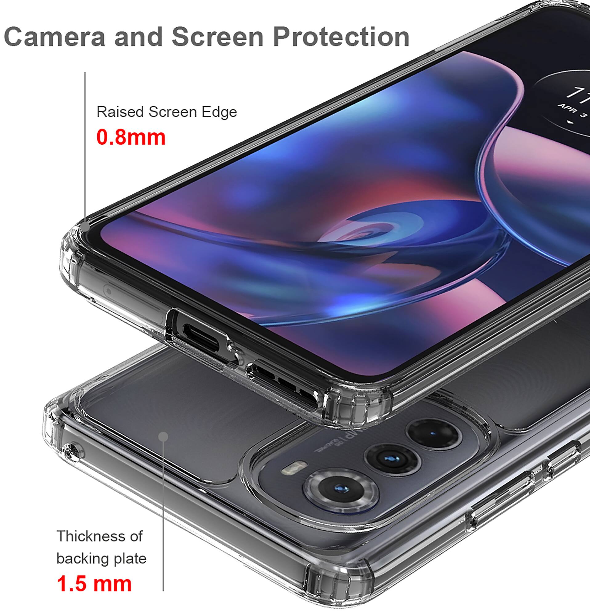 Camera and Screen Protection

Raised Screen Edge 0.8mm

Thickness of backing plate 1.5 mm