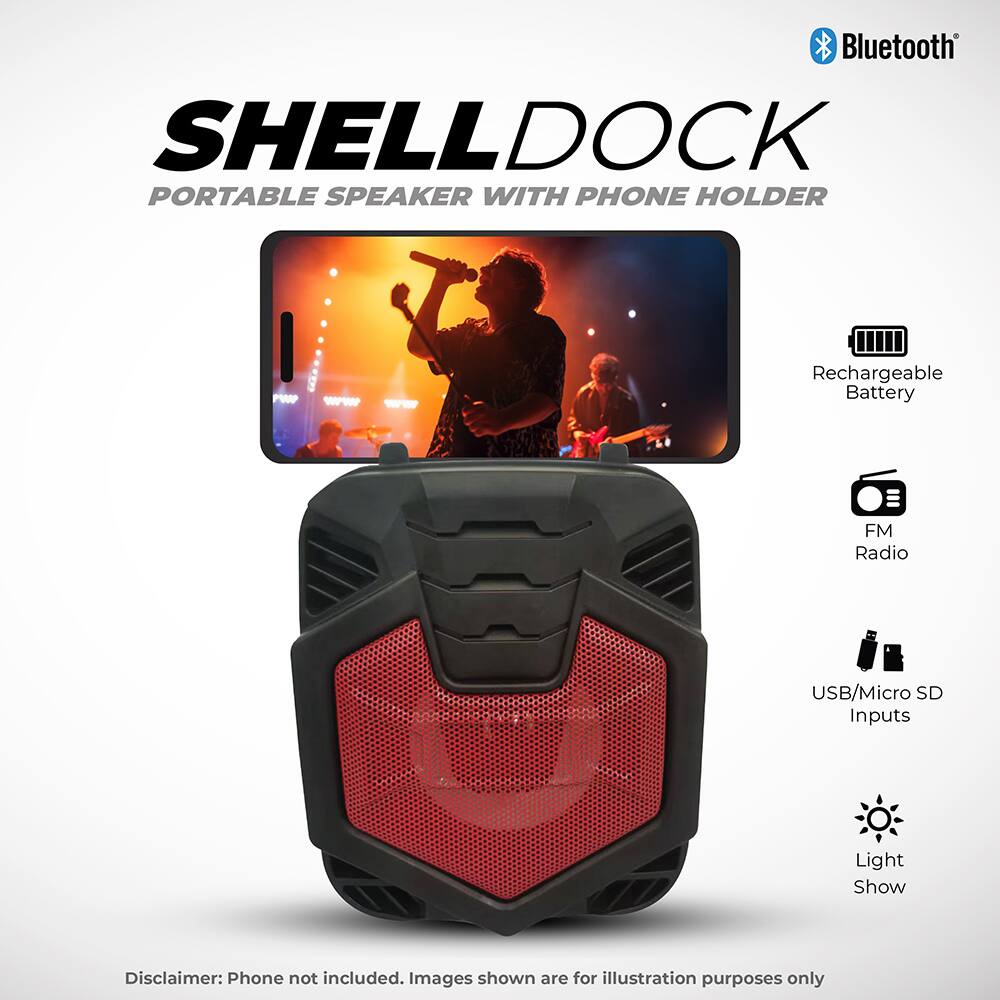 Bluetooth SHELLDOCK PORTABLE SPEAKER WITH PHONE HOLDER

- Rechargeable Battery
- FM Radio
- USB/Micro SD Inputs
- Light Show

Disclaimer: Phone not included. Images shown are for illustration purposes only