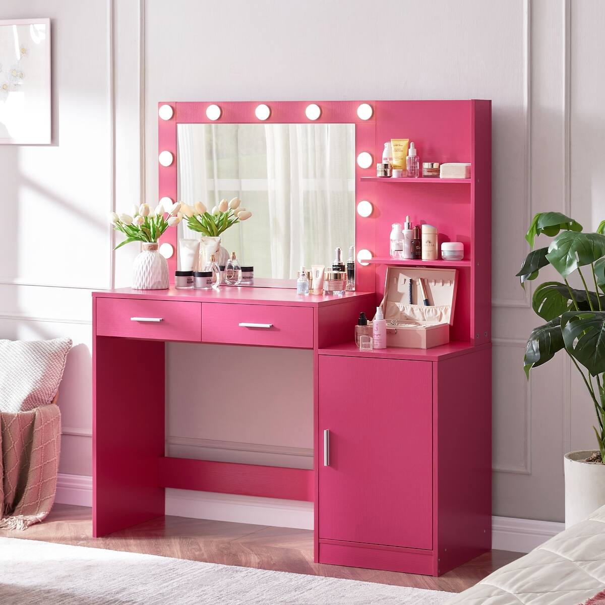 Left. Loheer - Loheer Makeup Vanity with Mirror and Lights, 46 Inch Rose Pink Desk - Rose Pink.