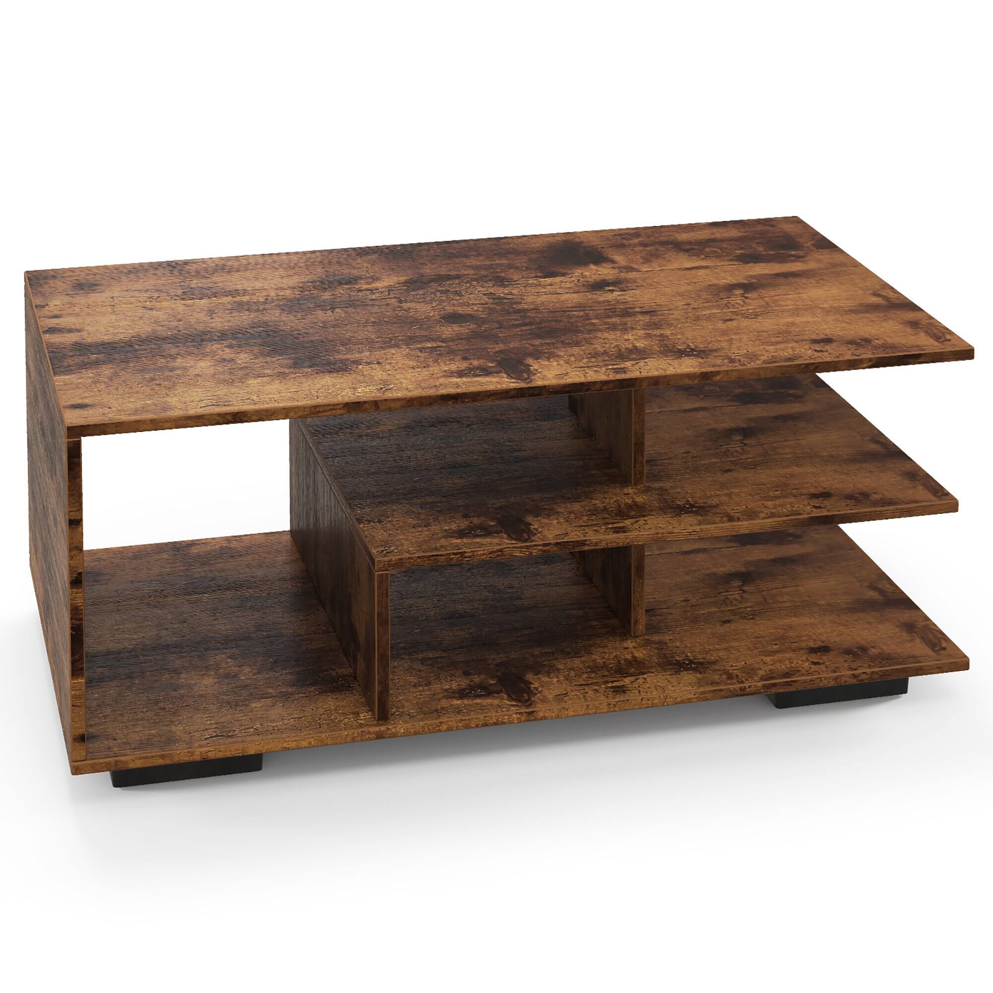 Alt View 9. Gymax - Gymax Geometric Coffee Table w/ Storage Shelves 3-Tier Rectangular Tea Table Rustic Brown - Rustic Brown.