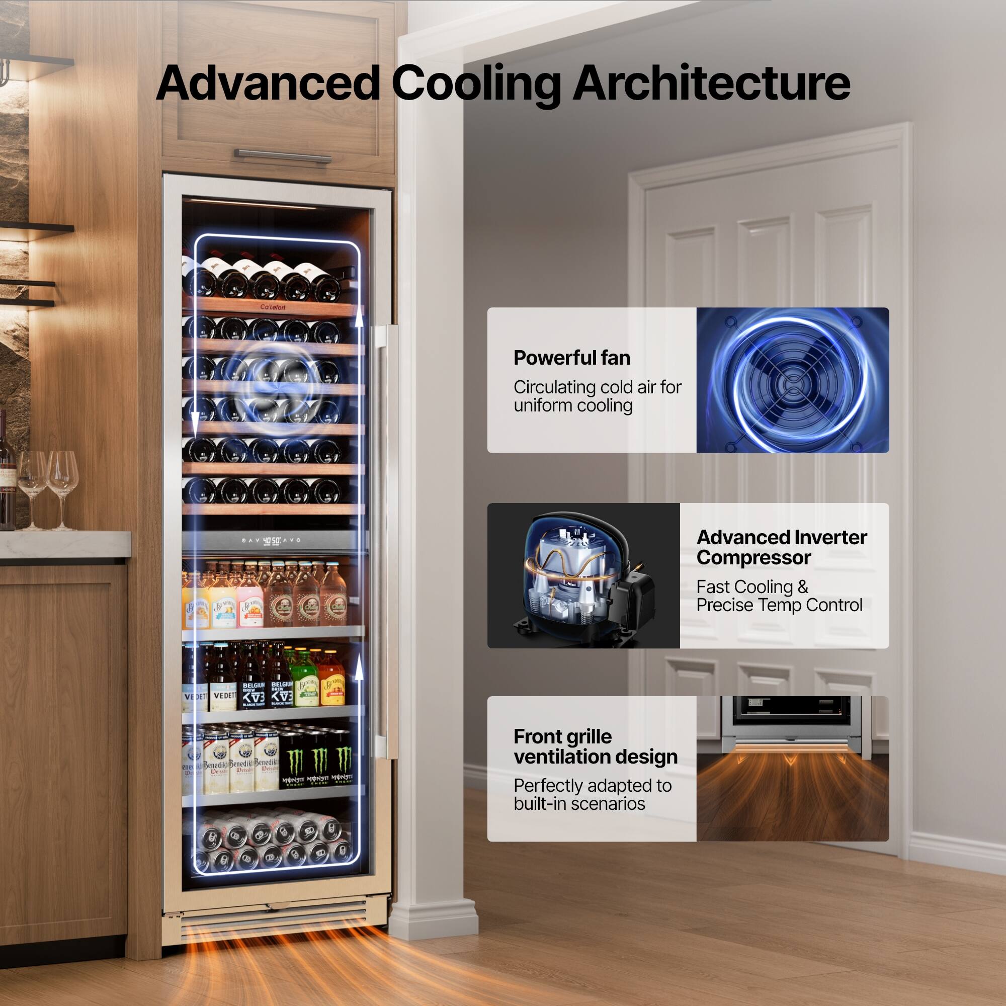 Advanced Cooling Architecture

- Powerful fan: Circulating cold air for uniform cooling
- Advanced Inverter Compressor: Fast Cooling & Precise Temp Control
- Front grille ventilation design: Perfectly adapted to built-in scenarios
