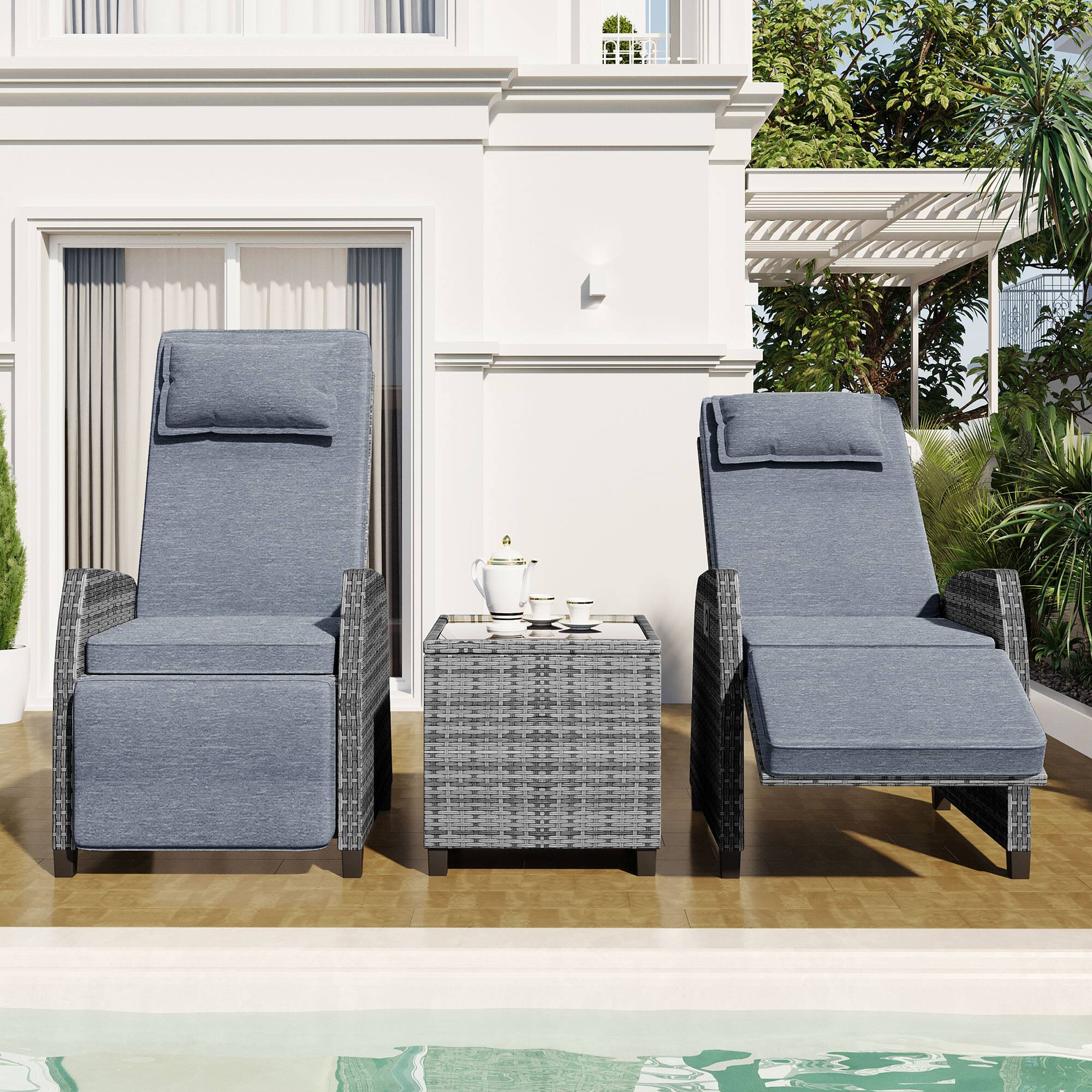 Left. Siljoy - 2-Person Outdoor Rattan Set w/Coffee Table, Adjustable, Patio/Pool/Balcony - Gray.