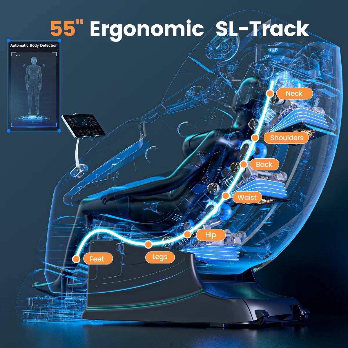 55" Ergonomic SL-Track

Automatic Body Detection

Neck  
Shoulders  
Back  
Waist  
Hip  
Feet  
Legs