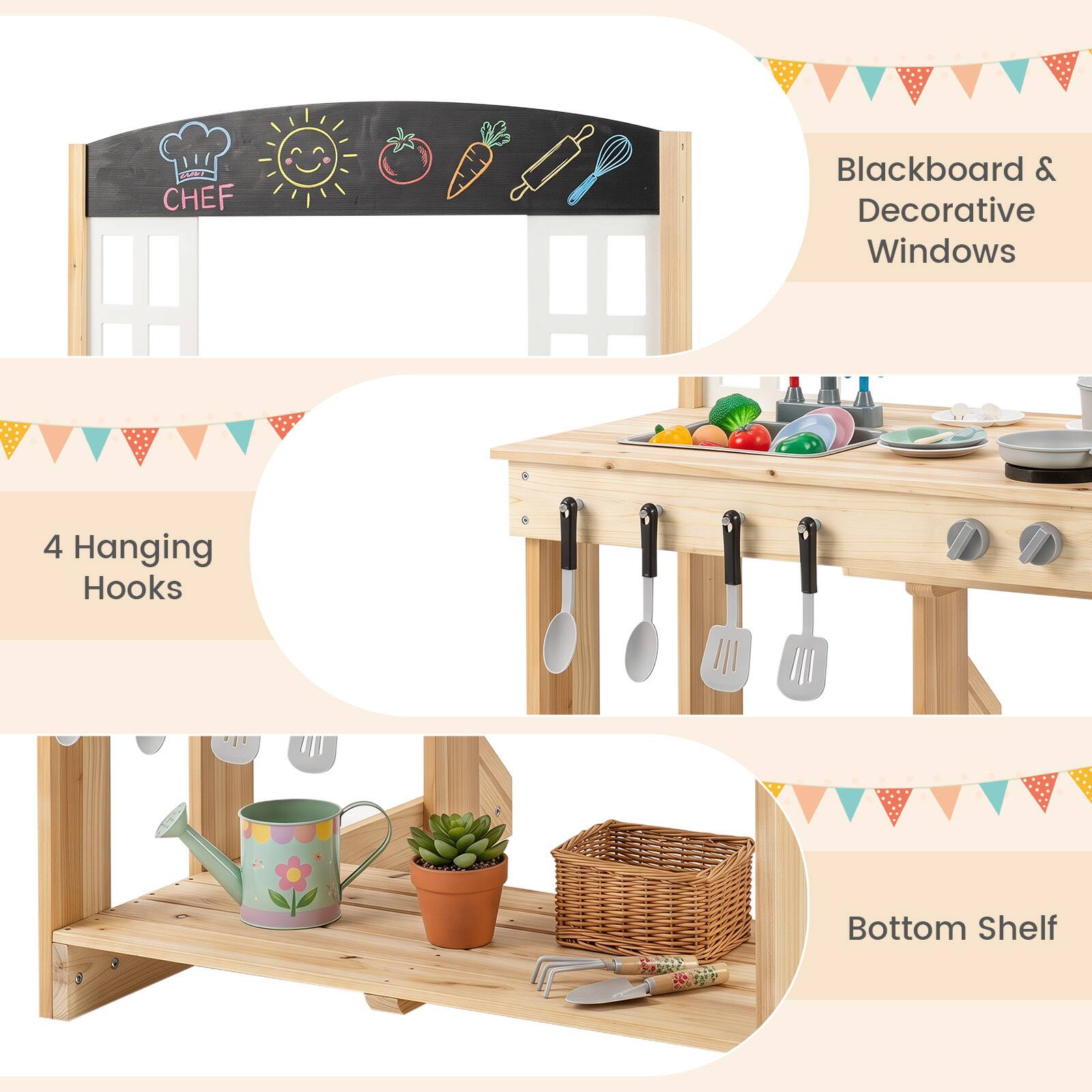 CHEF

Blackboard & Decorative Windows

4 Hanging Hooks

Bottom Shelf