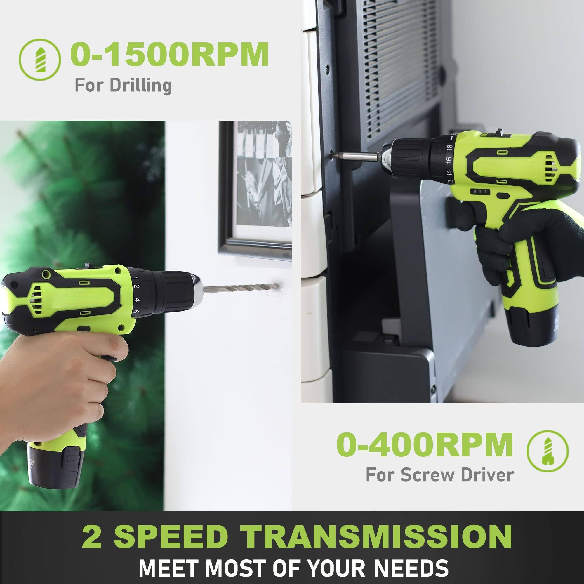 0-1500RPM  
For Drilling  

0-400RPM  
For Screw Driver  

2 SPEED TRANSMISSION  
MEET MOST OF YOUR NEEDS