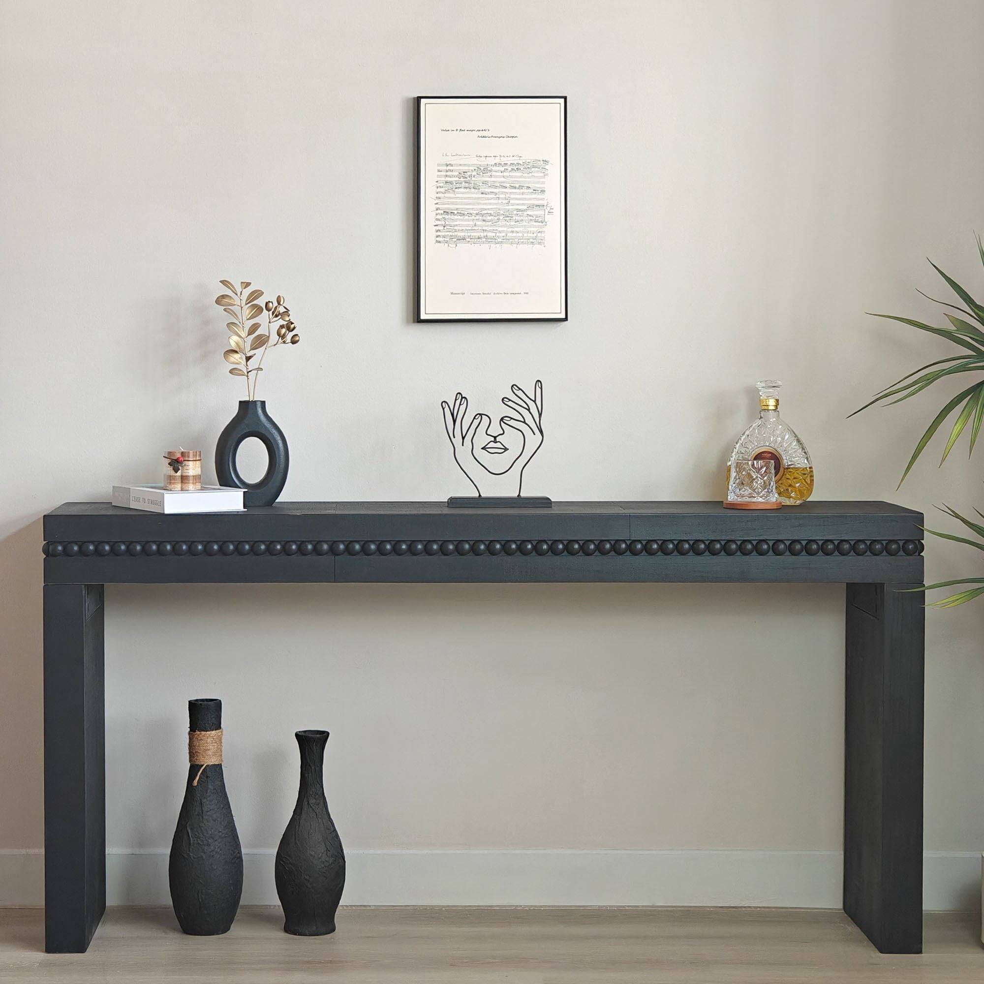 Alt View 2. Kadyn - 64in Rustic Wood Console Table – Elegant Entryway Table with Decorative Beaded Trim, Antique Black - Black.