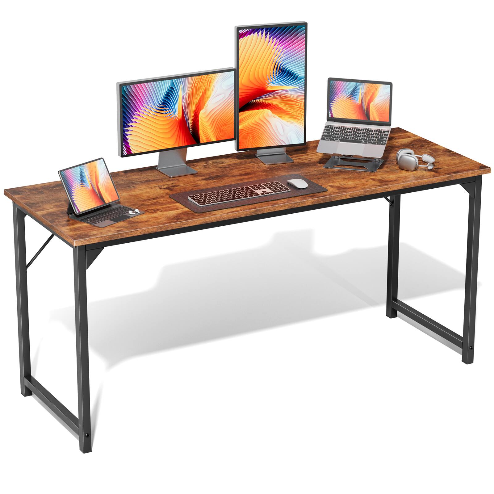 Front. AENKYO - 63 inch Computer Desk Modern Kids Study Table for Home Office - Brown.