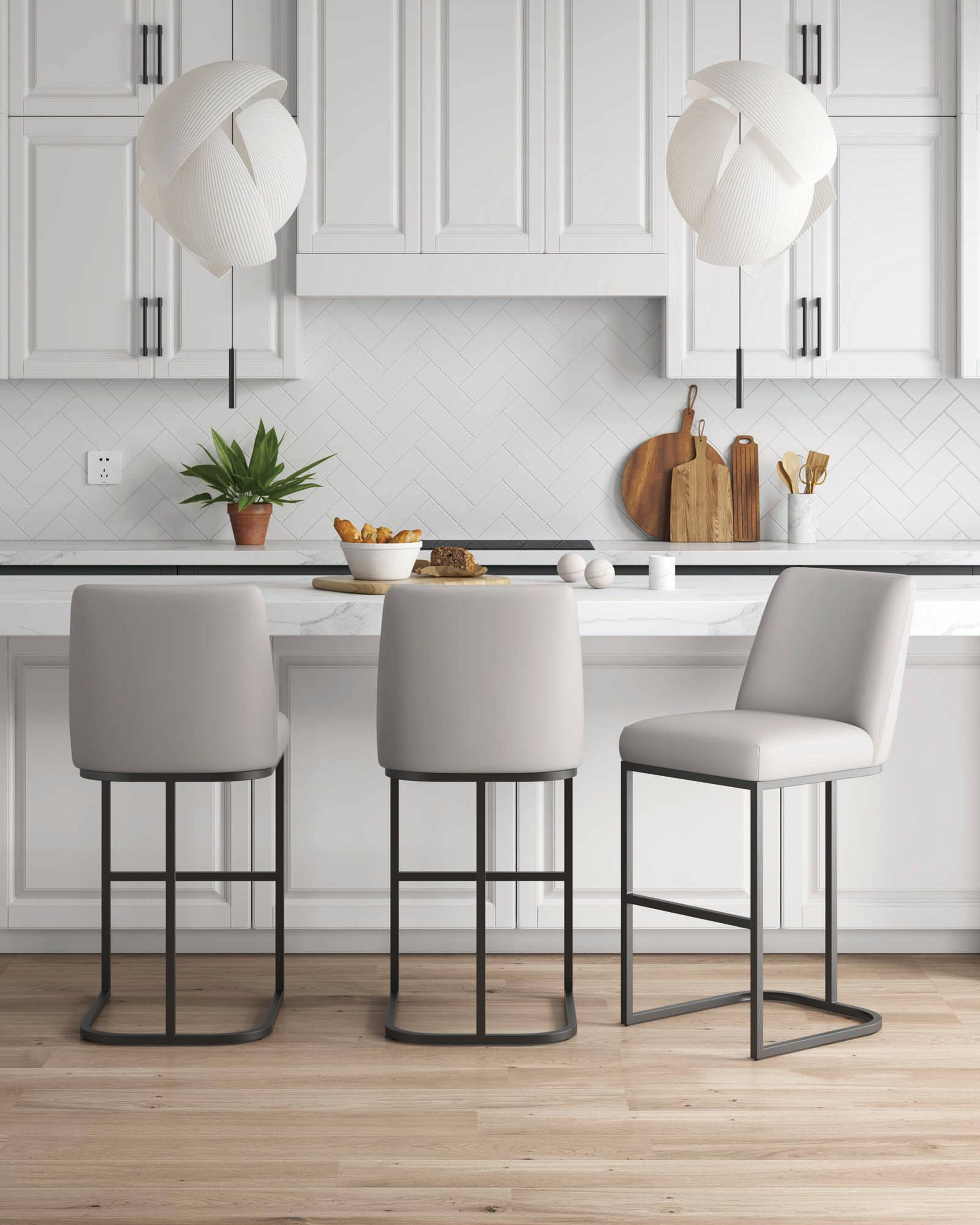 Angle. Manhattan Comfort - Serena Modern Metal Upholstered Barstool - Set of 3 - Light Gray.