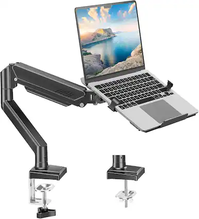 Front. FINEAK - Laptop Arm Mount for Desk, 2 in 1 Function Monitor Laptop Stand - Black.