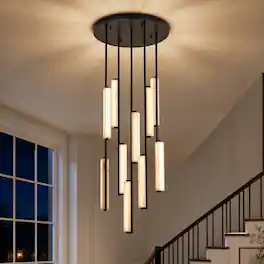 Siljoy - 24 In Alabaster 10-Light LED Staircase Chandelier, 3 Color Changing, for Living Room and High Ceiling Foyer - Black