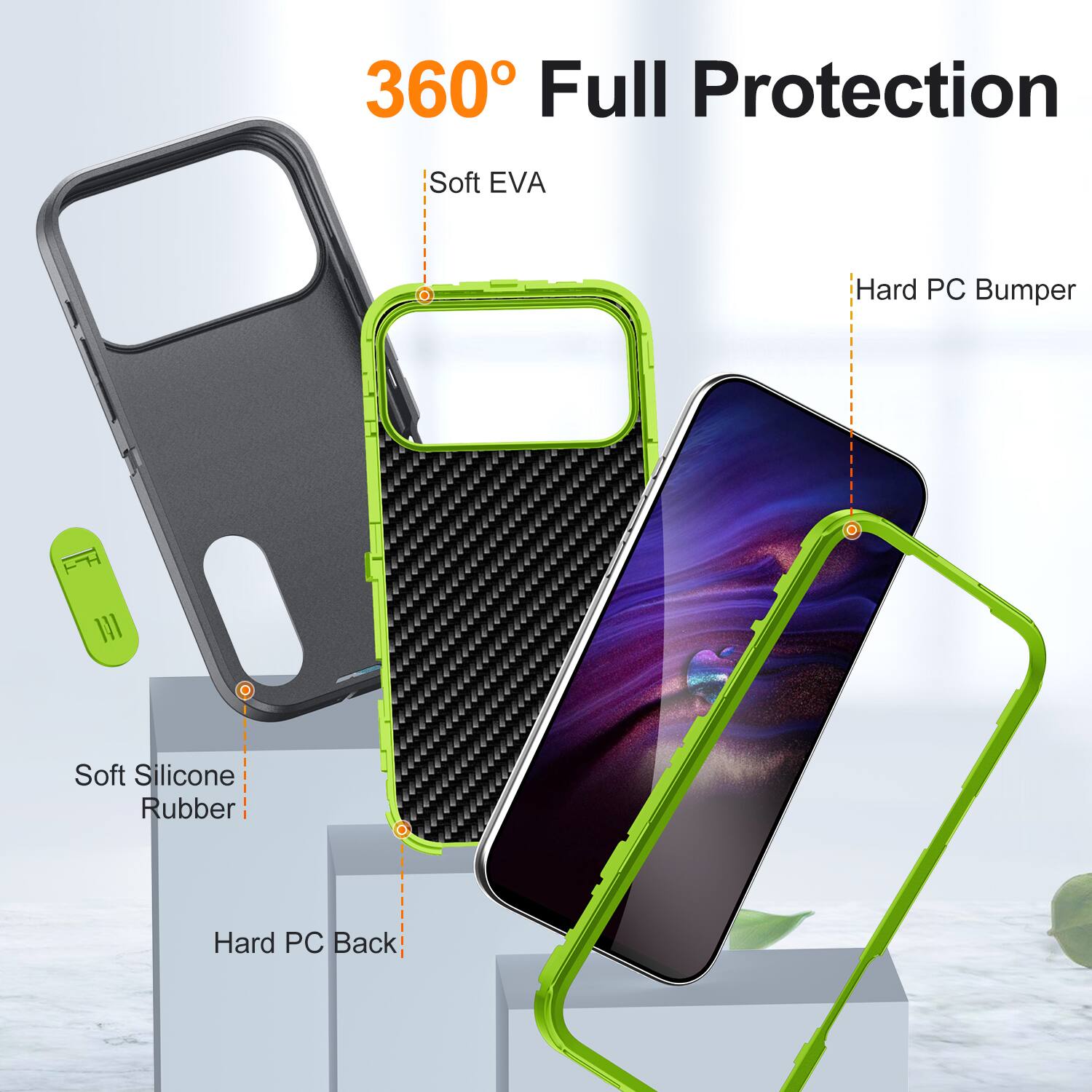 360° Full Protection

- Soft EVA
- Hard PC Bumper
- Soft Silicone Rubber
- Hard PC Back