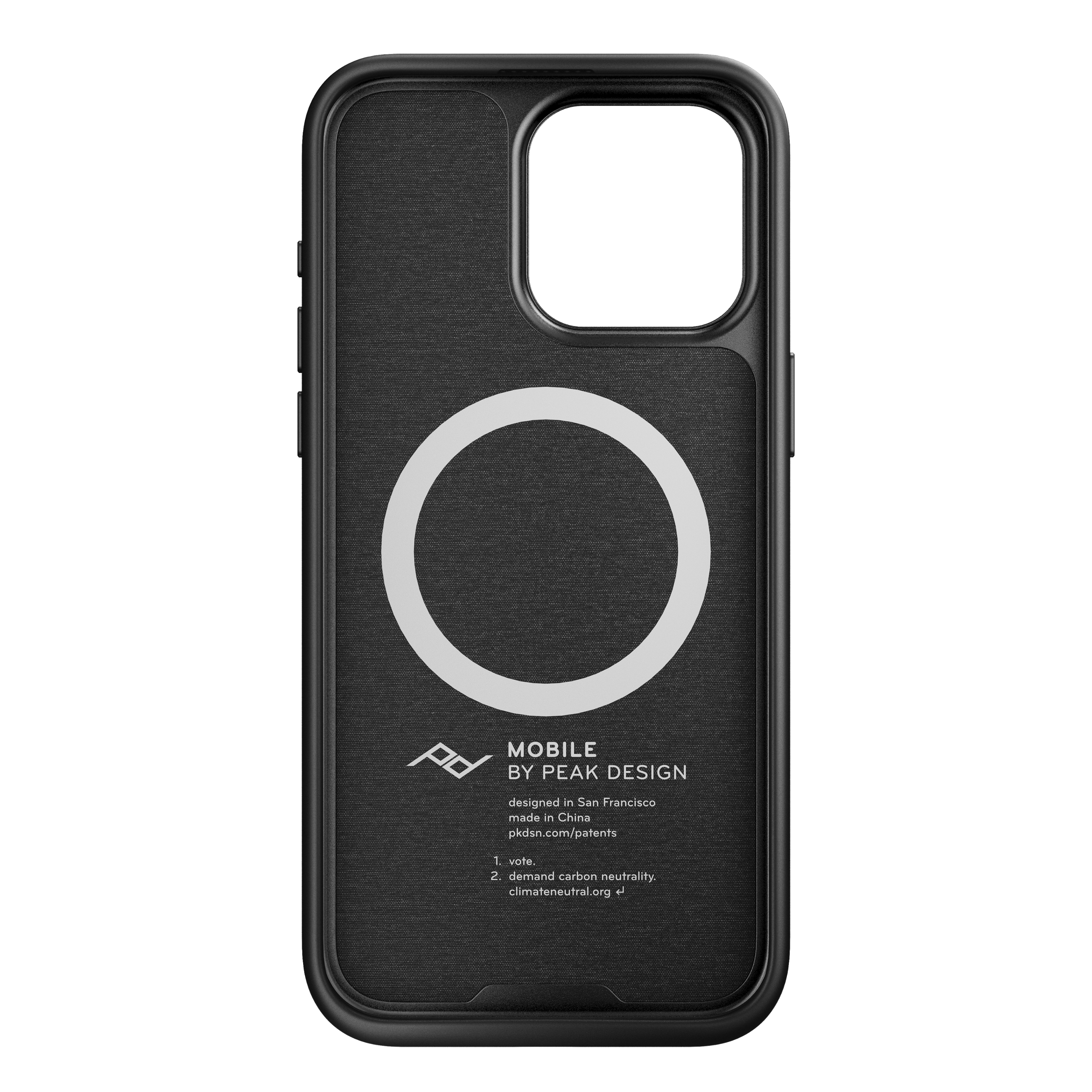 The text on the image reads: "Mobile by Peak Design designed in San Francisco made in China pkdsn.com/patents 1 vote. 2 demand carbon neutrality. climateneutral.org".