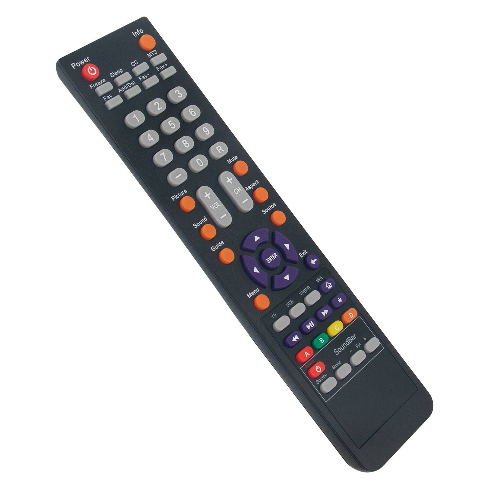 Info MTS Power cc Fav+ Sleep Fax- Freeze Add/Del Fav 3 2 6 1 5 9 4 8 R 7 0 Mote - + Aspect Picture CH + - VOL Source - Sound Guide ENTER Ext Menu TV M: YPP use * D I C 44 B . A SoundBar Vol 0 Made Source