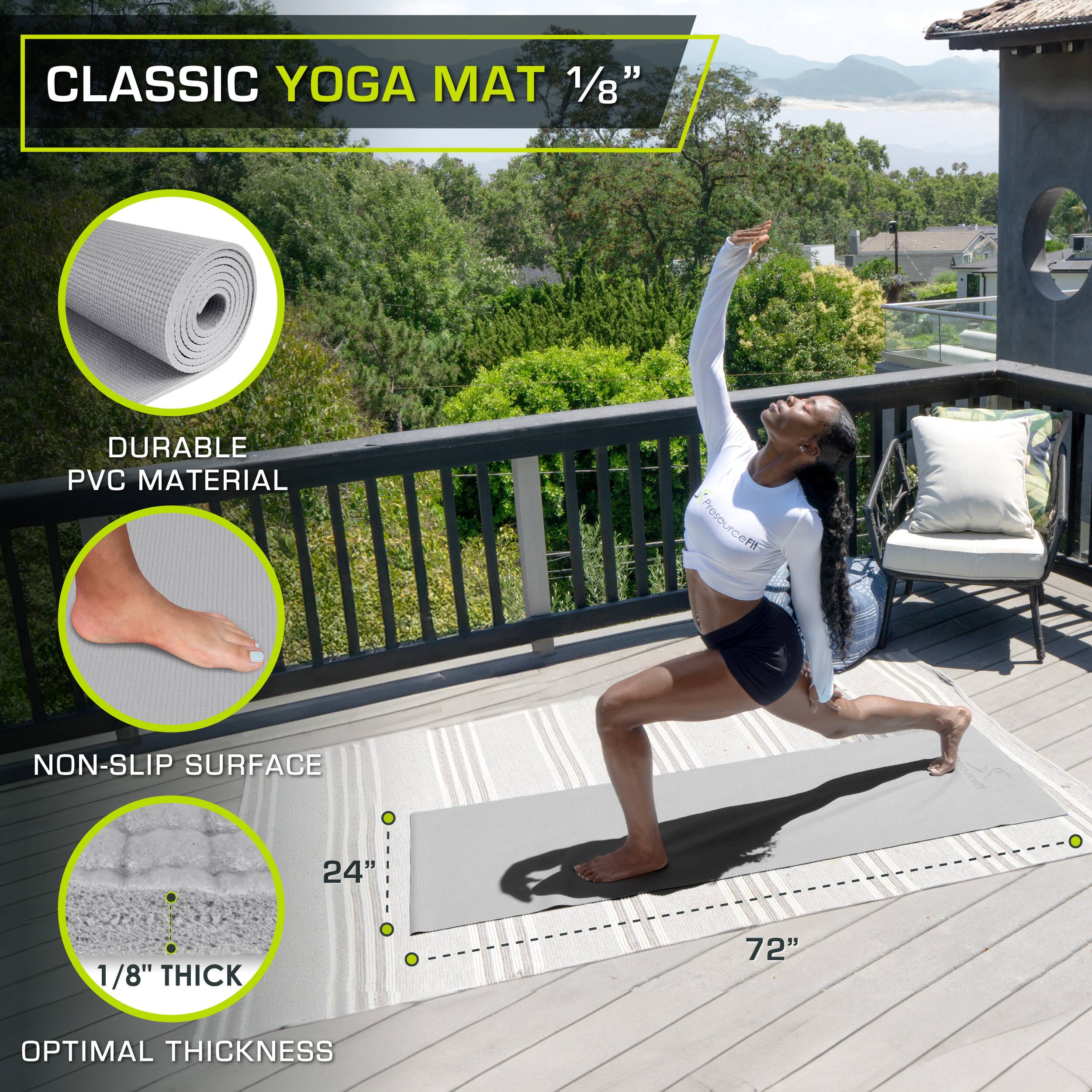 CLASSIC YOGA MAT 1/8" DURABLE PVC MATERIAL NON-SLIP SURFACE 1/8" THICK OPTIMAL THICKNESS 72"