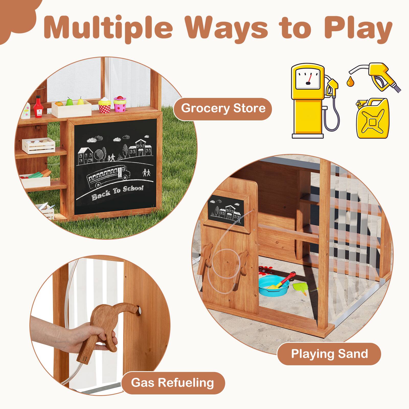 Multiple Ways to Play

- Grocery Store
- Gas Refueling
- Playing Sand