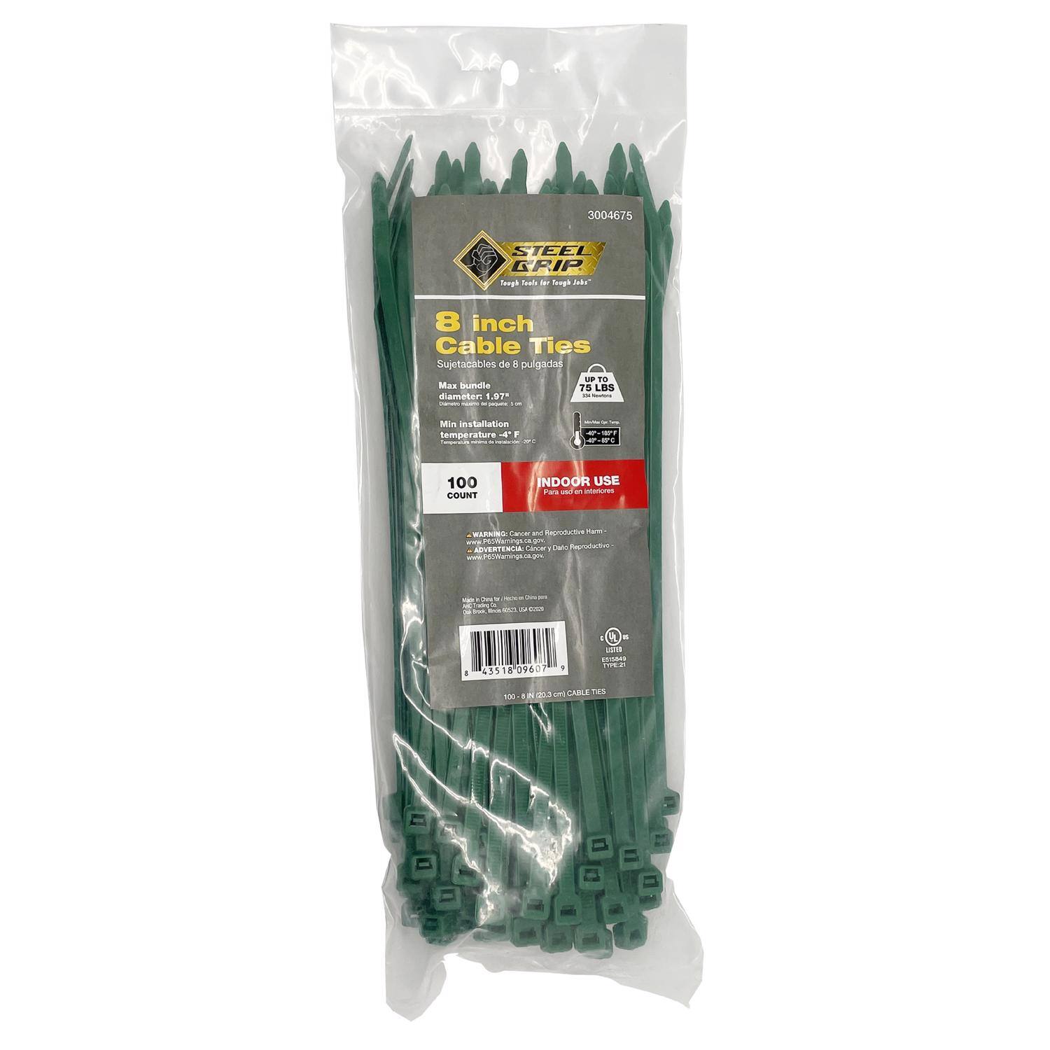3004675  
STEEL CRIP  
8 inch Cable Ties  
Sujetacables de 8"  
Max bundle 75 LBS  
diameter 1.97"  
Min installation temperature -4 F  
100 COUNT  
INDOOR USE  
WARNING!  
ADVERTENCIA  
PEPARIATIVE  
435 809607  
CABLE TIES