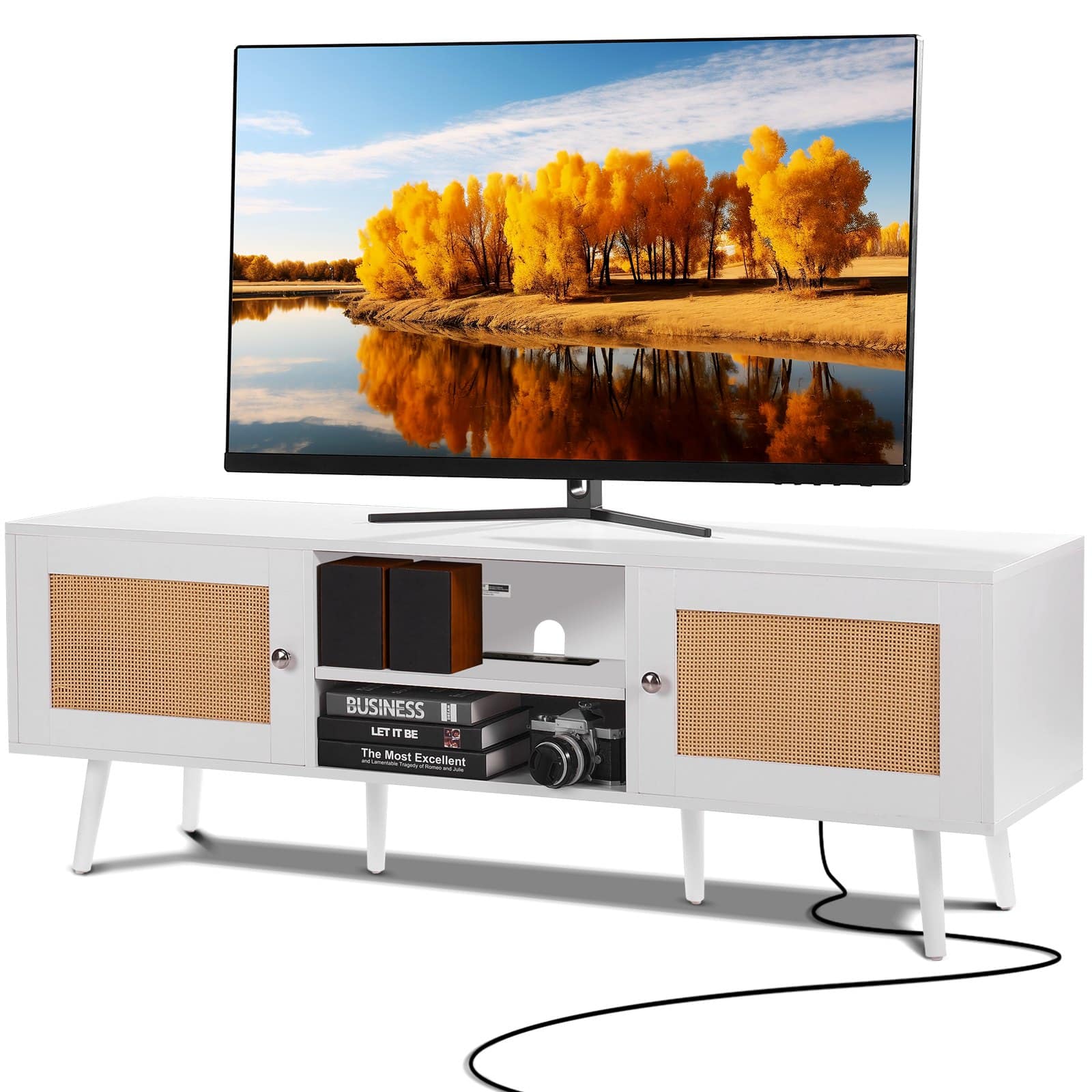 Glintex - Rattan TV Stand for 65" TVs, Boho Entertainment Console w/ Rattan Doors, Built-in Socket & USB Ports, Adjustable Storage - White