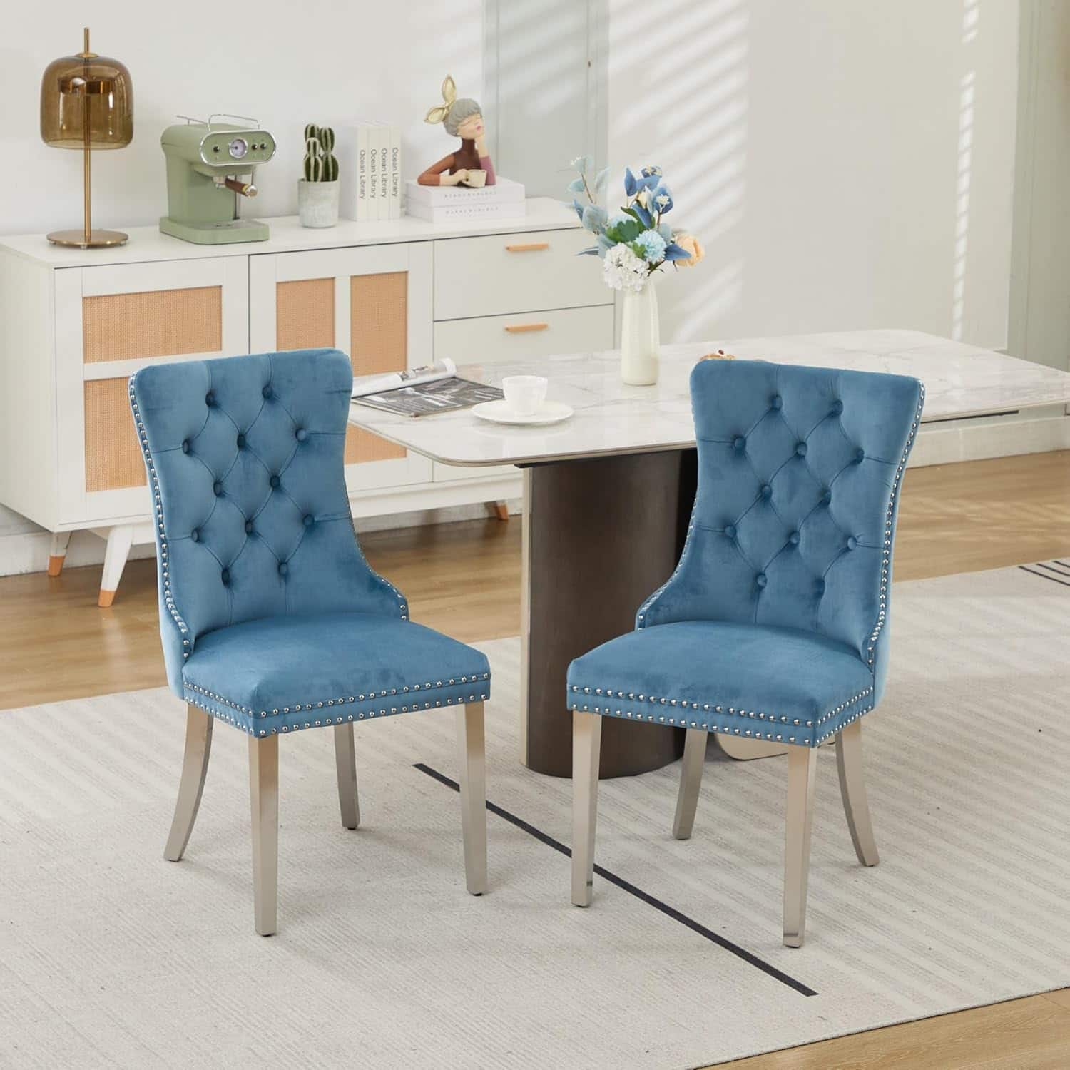 Trinkets Crazed - Velvet Dining Chair Set of 2 Upholstered Tufted Dining Room Chair with Nailhead Trim - light blue