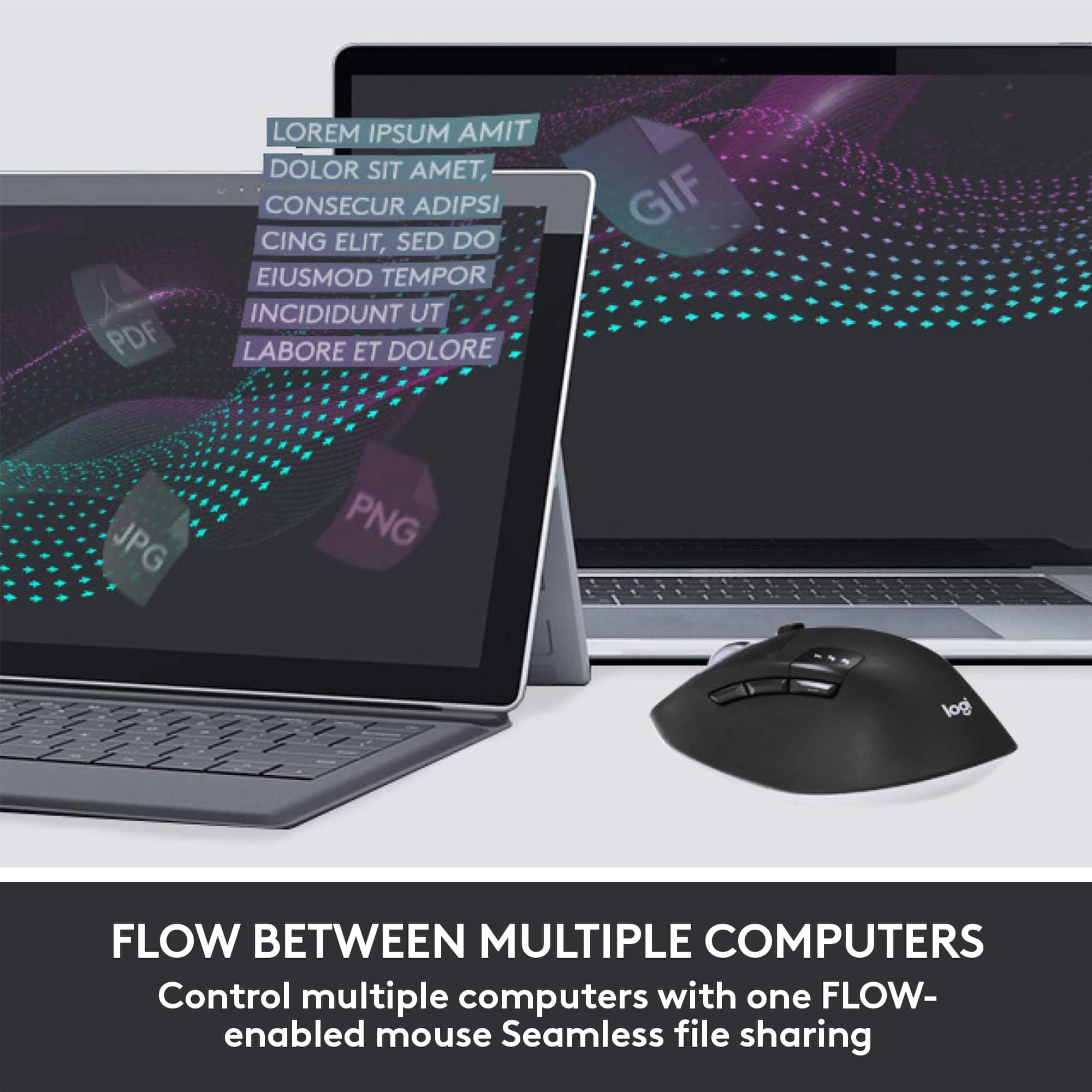The text on the image is grouped and corrected as follows:
"Flow between multiple computers: Control multiple computers with one FLOW-enabled mouse. Seamless file sharing."