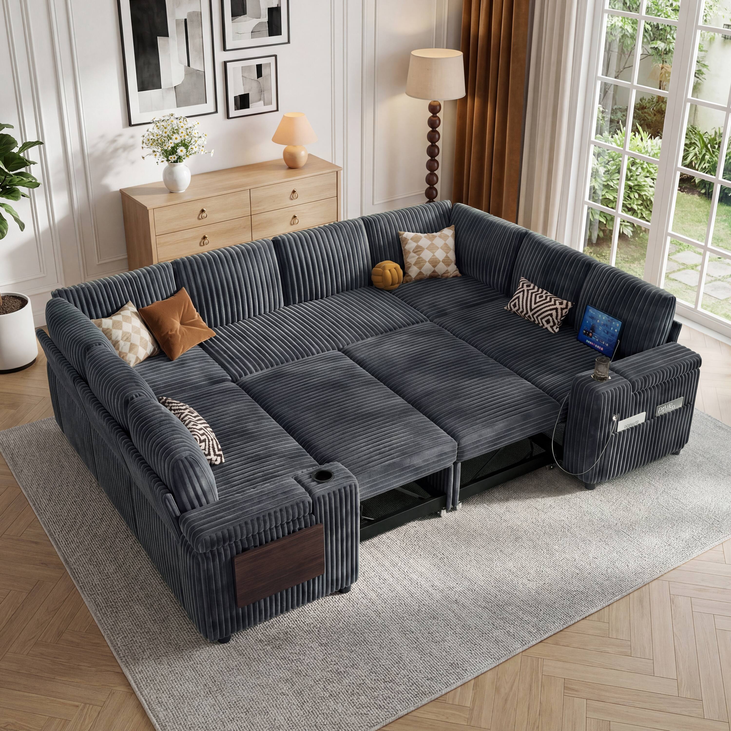Angle. Dyonery - Dyonery 8 Seat Modular Sectional Sleeper Sofa with Pull Out Bed, L Shaped with Reclining Backrest,Corduroy Gray - Gray.