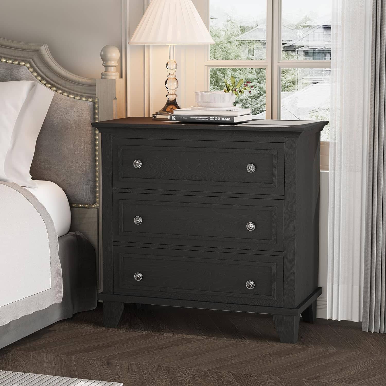 GARVEE - 3 Drawer Dresser for Bedroom, White Wood Chest of Drawers Bedroom Dresser, Rustic Small Drawers Dressers Nightstand - Black