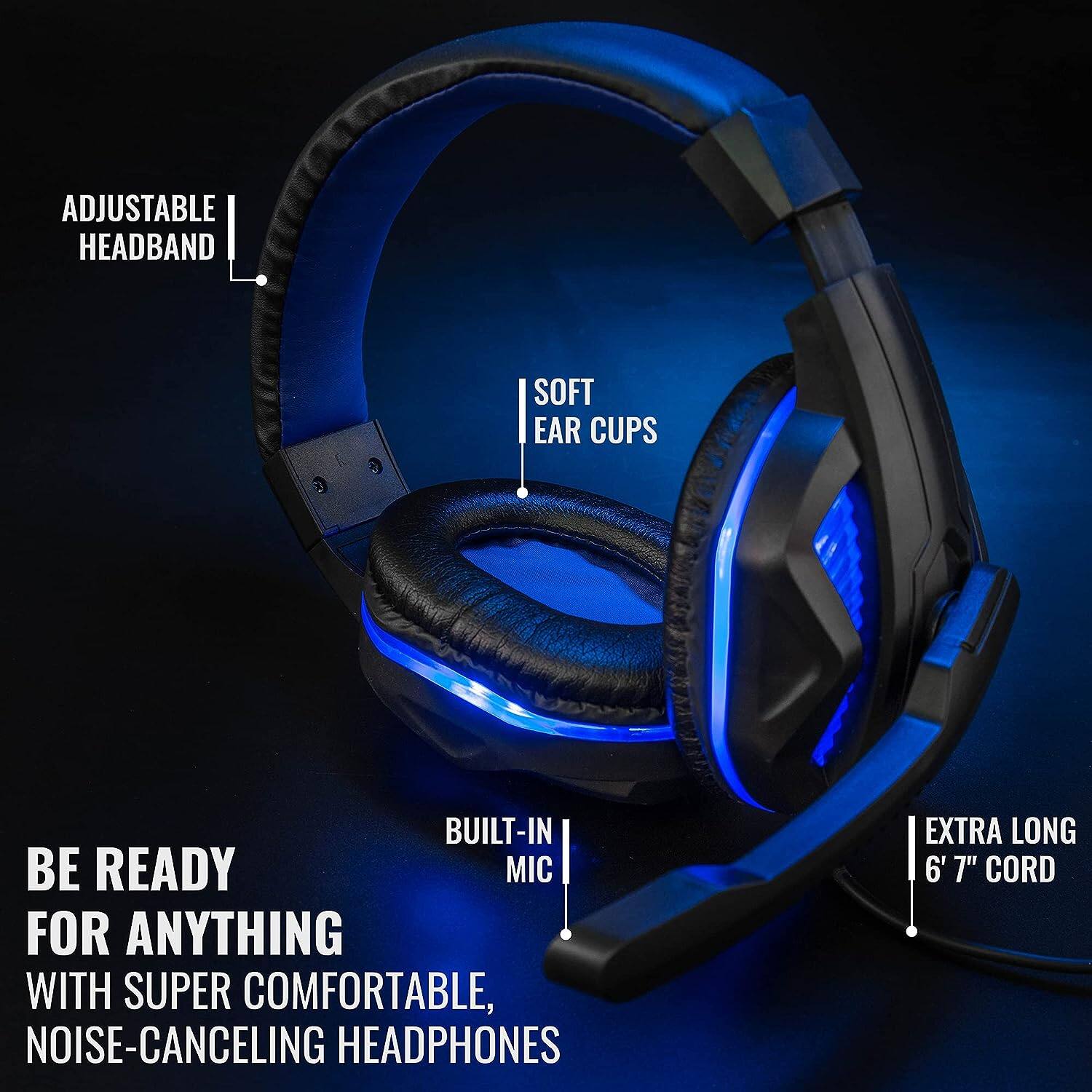 ADJUSTABLE HEADBAND  
SOFT EAR CUPS  
BUILT-IN MIC  
EXTRA LONG 6' 7" CORD  

BE READY FOR ANYTHING WITH SUPER COMFORTABLE, NOISE-CANCELING HEADPHONES