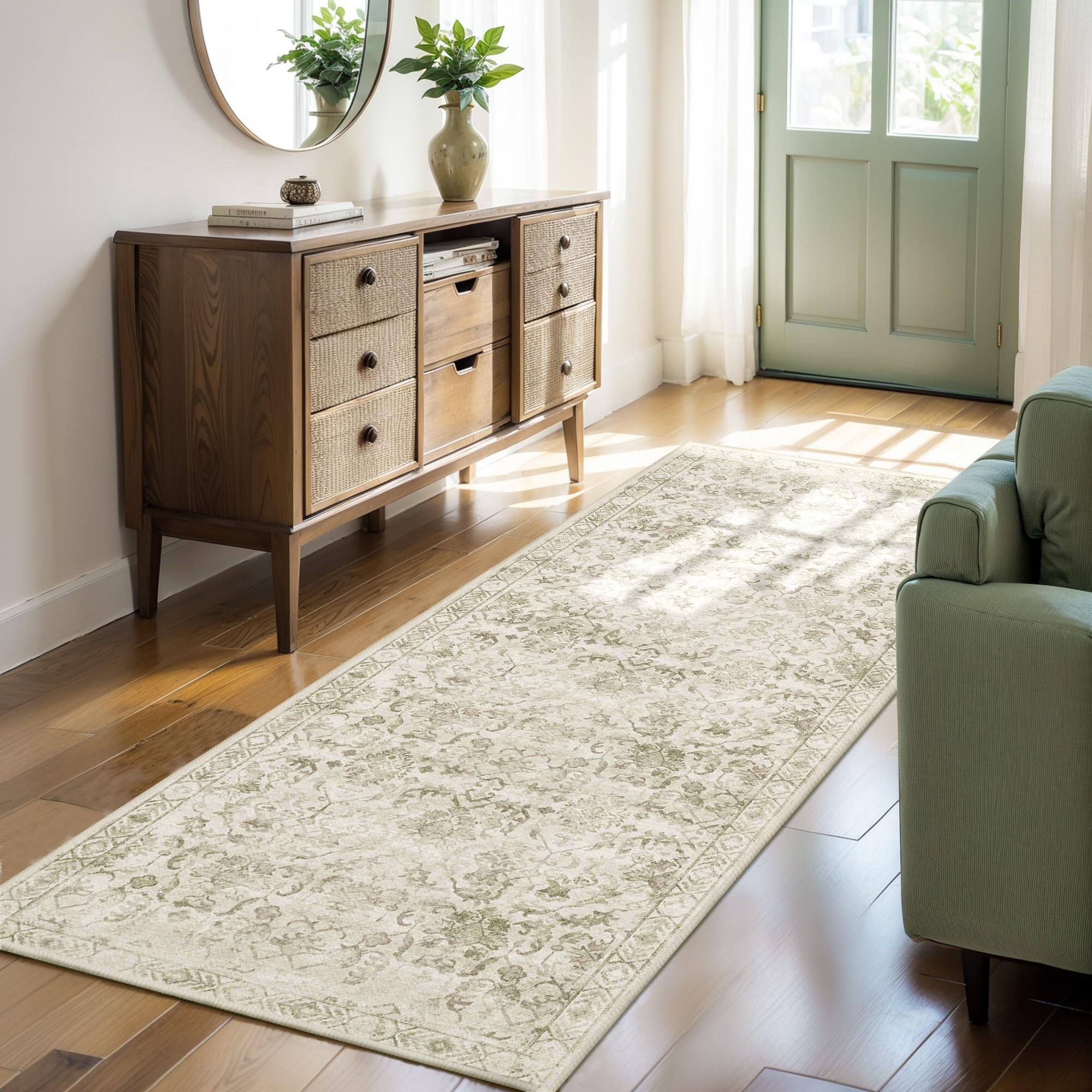 Distressed Beige Sage Green 2'x6'