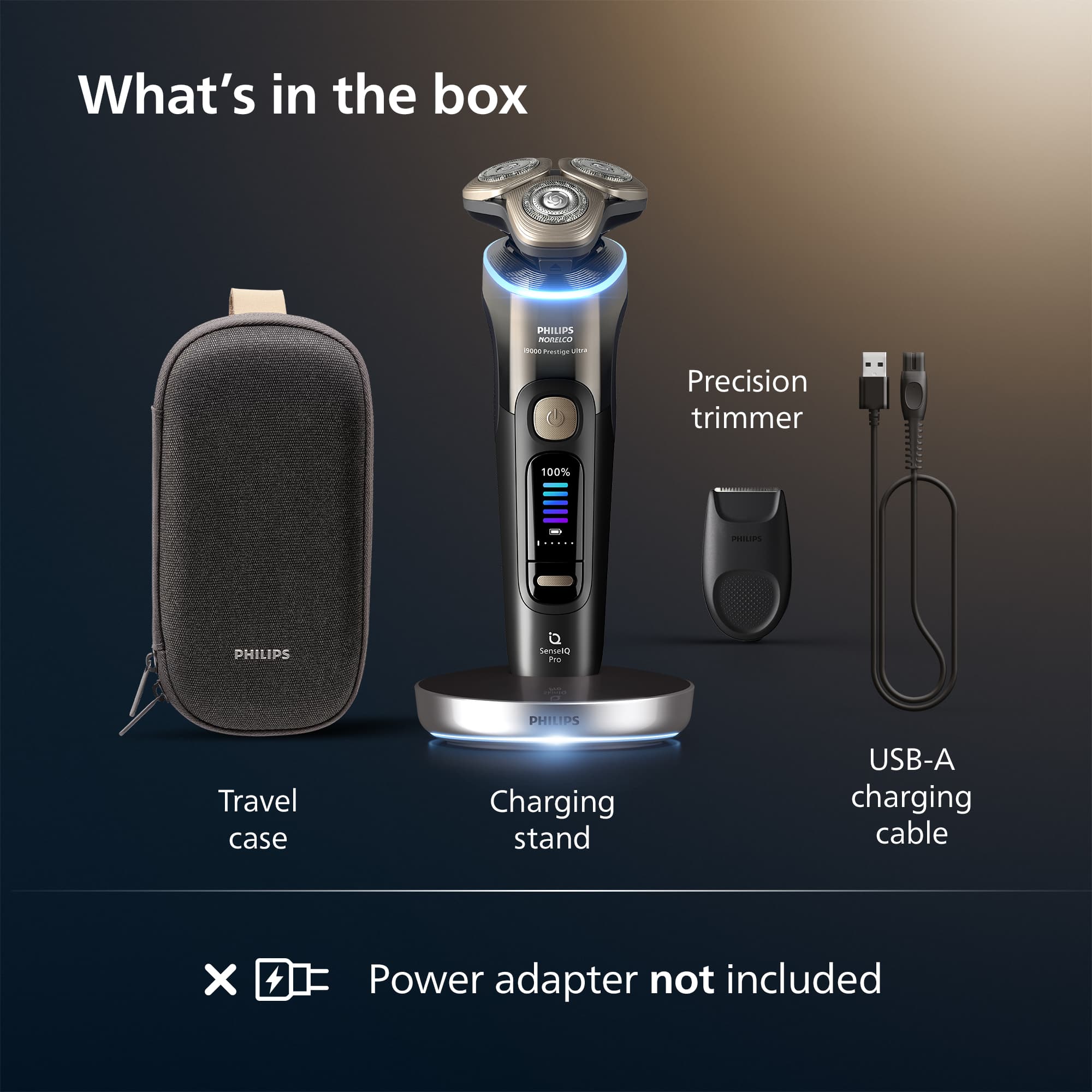 What's in the box: 1 NIO I Precision trimmer, 100% - PHILIPS SecretO Fresh PHILPS Travel case, Charging stand, USB-A charging cable, x Power adapter not included.