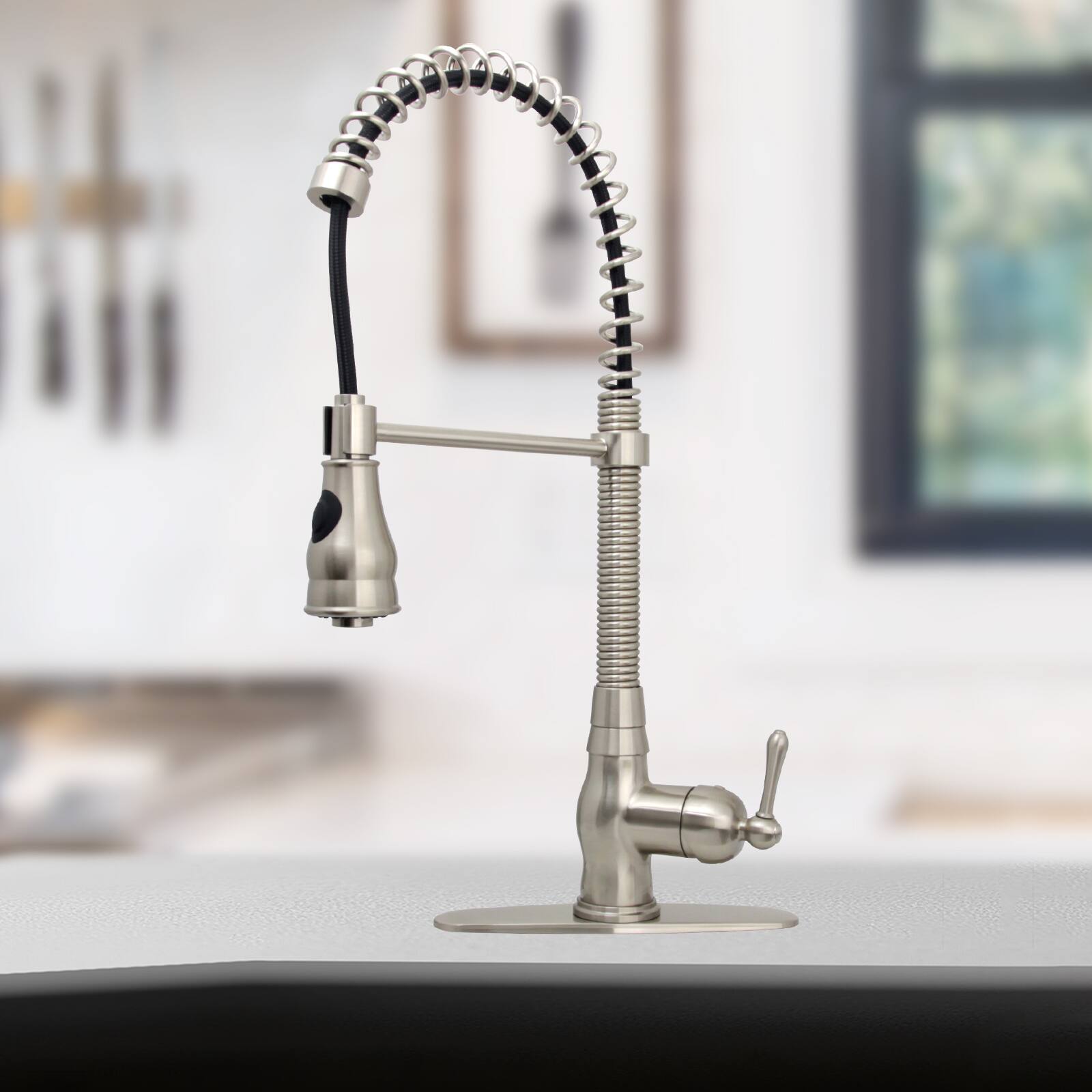 Alt View 7. Akicon - Akicon Solid Brass Pre-Rinse Spring Single Handle Kitchen Faucet with Pull Down Sprayer in Brushed Nickel - Brushed Nickel.